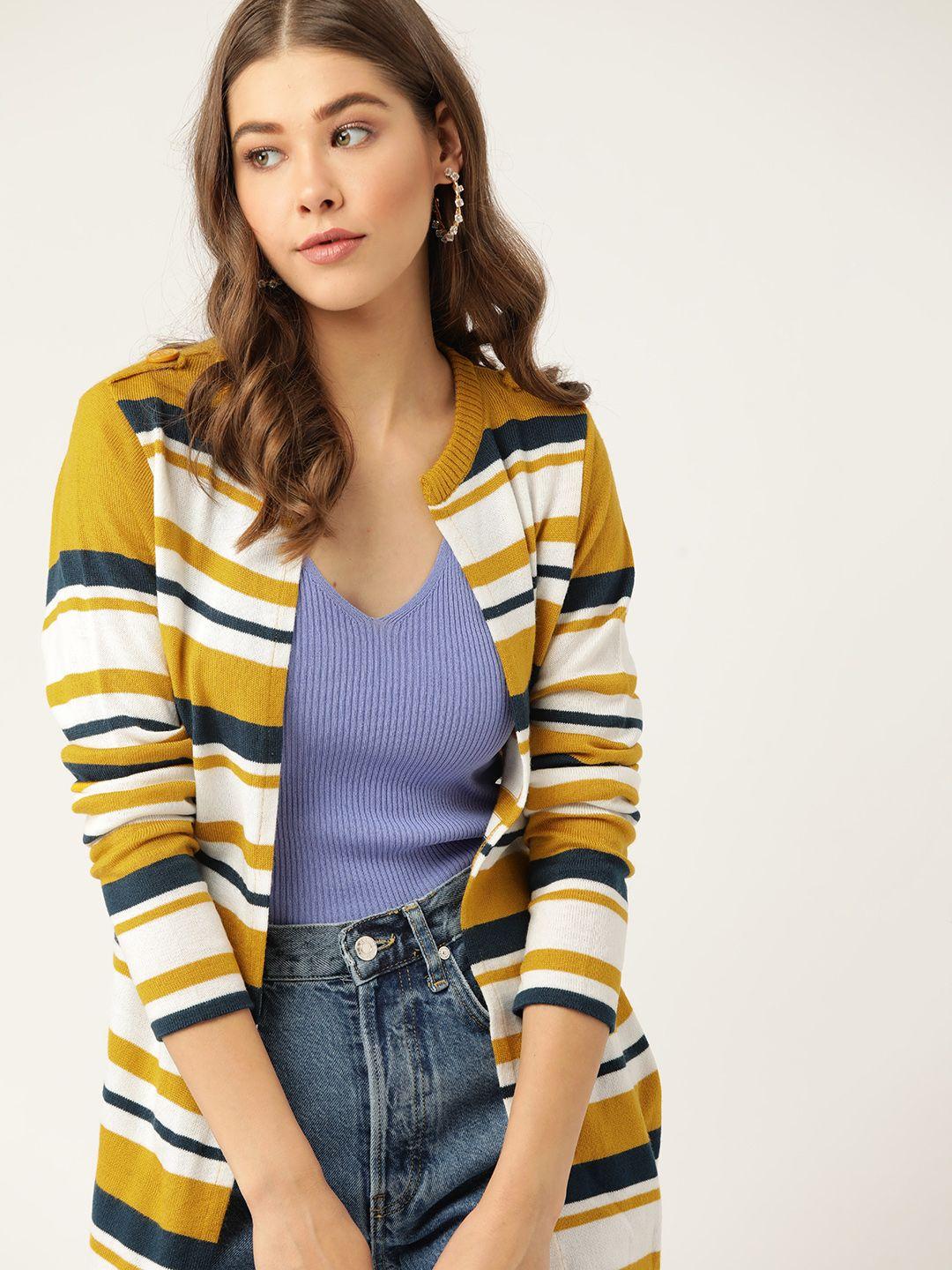 dressberry women mustard yellow & navy blue striped front-open