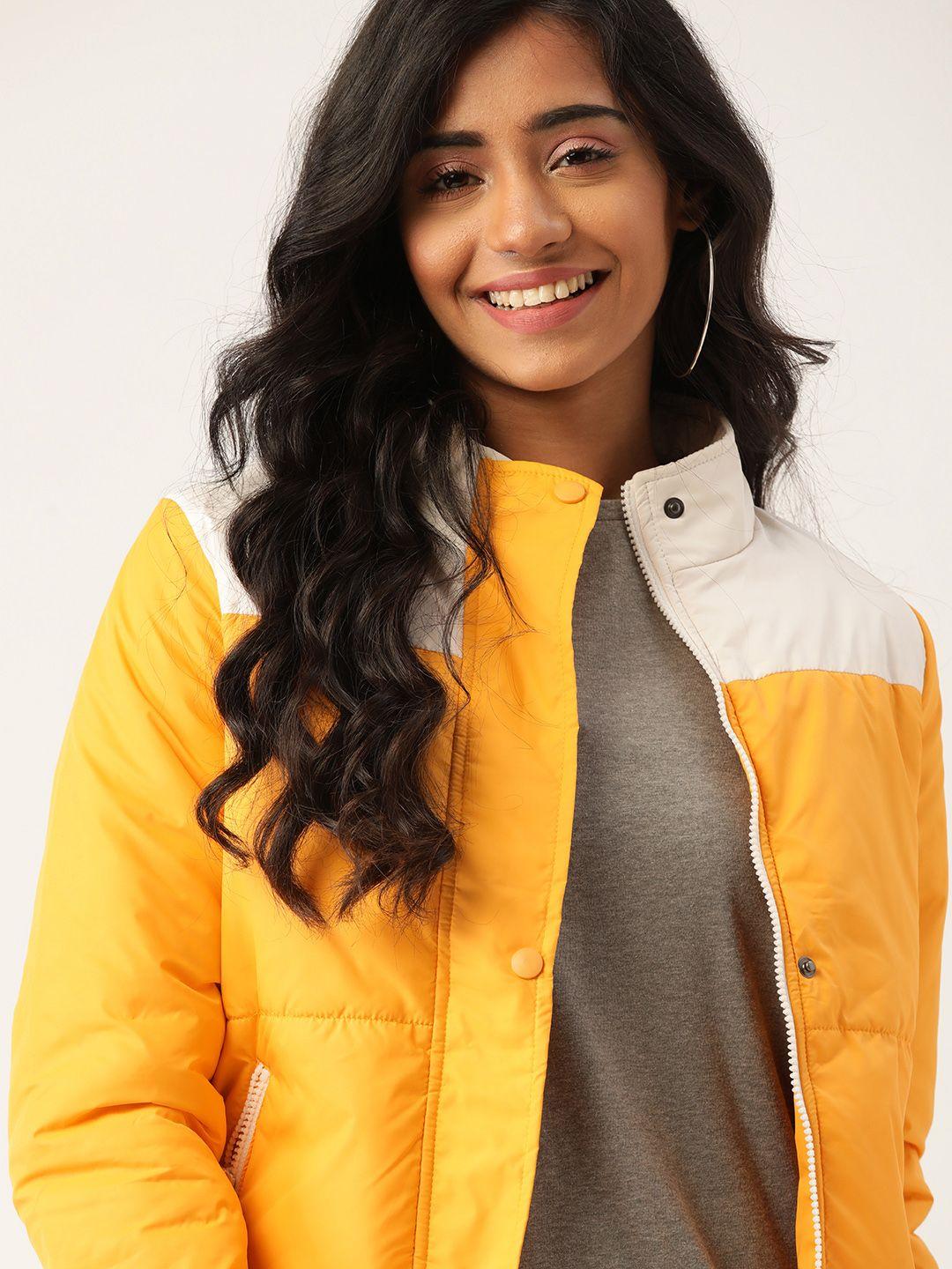 dressberry women mustard yellow & off white colourblocked cotton bomber jacket