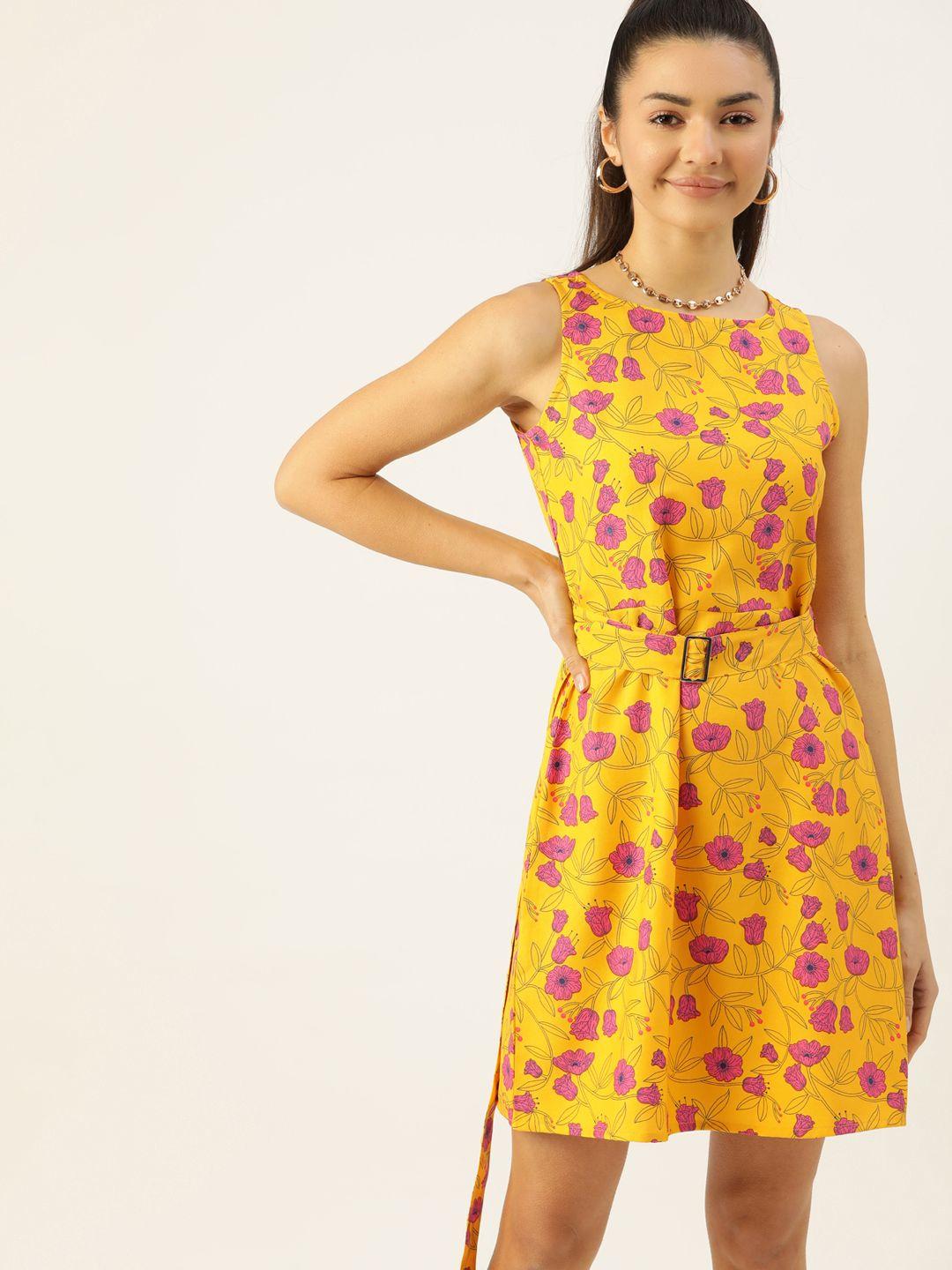 dressberry women mustard yellow & pink floral a-line dress with belt