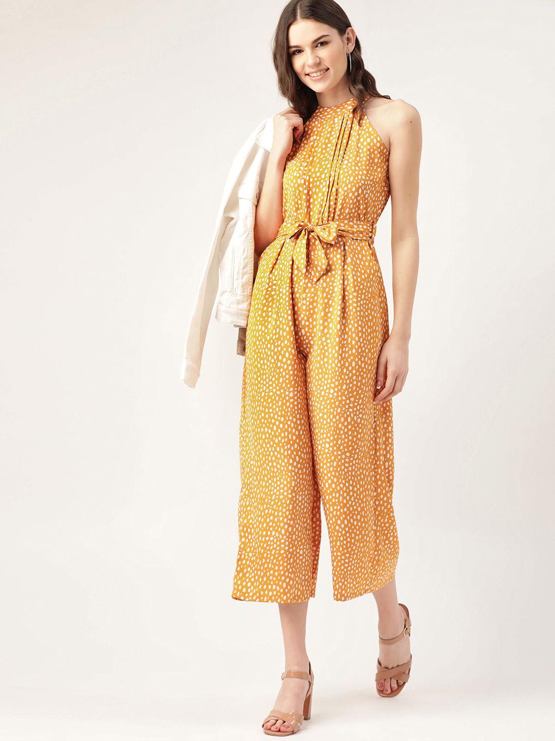 dressberry women mustard yellow & white printed cropped basic jumpsuit