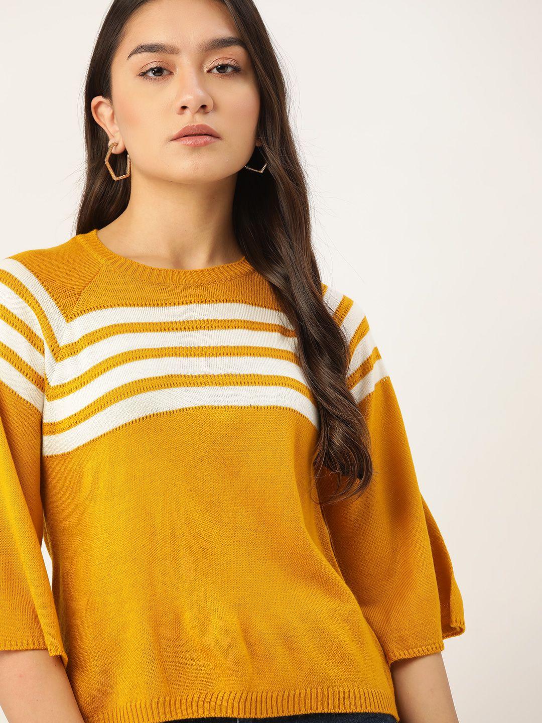 dressberry women mustard yellow & white striped pullover