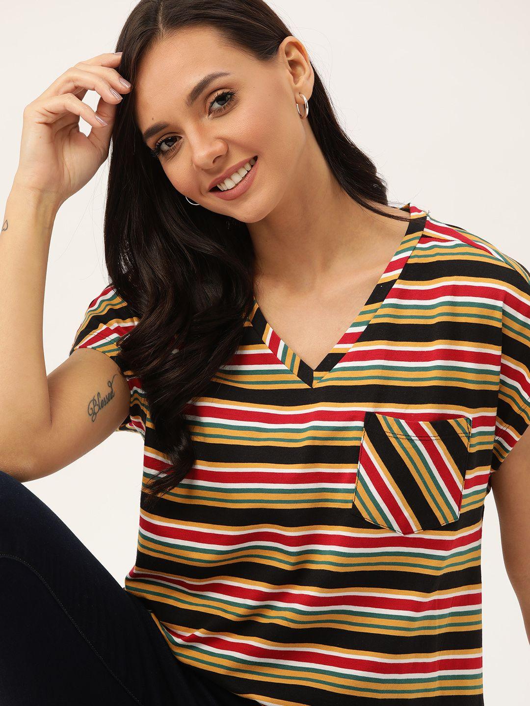 dressberry women mustard yellow  black striped pure cotton tshirt