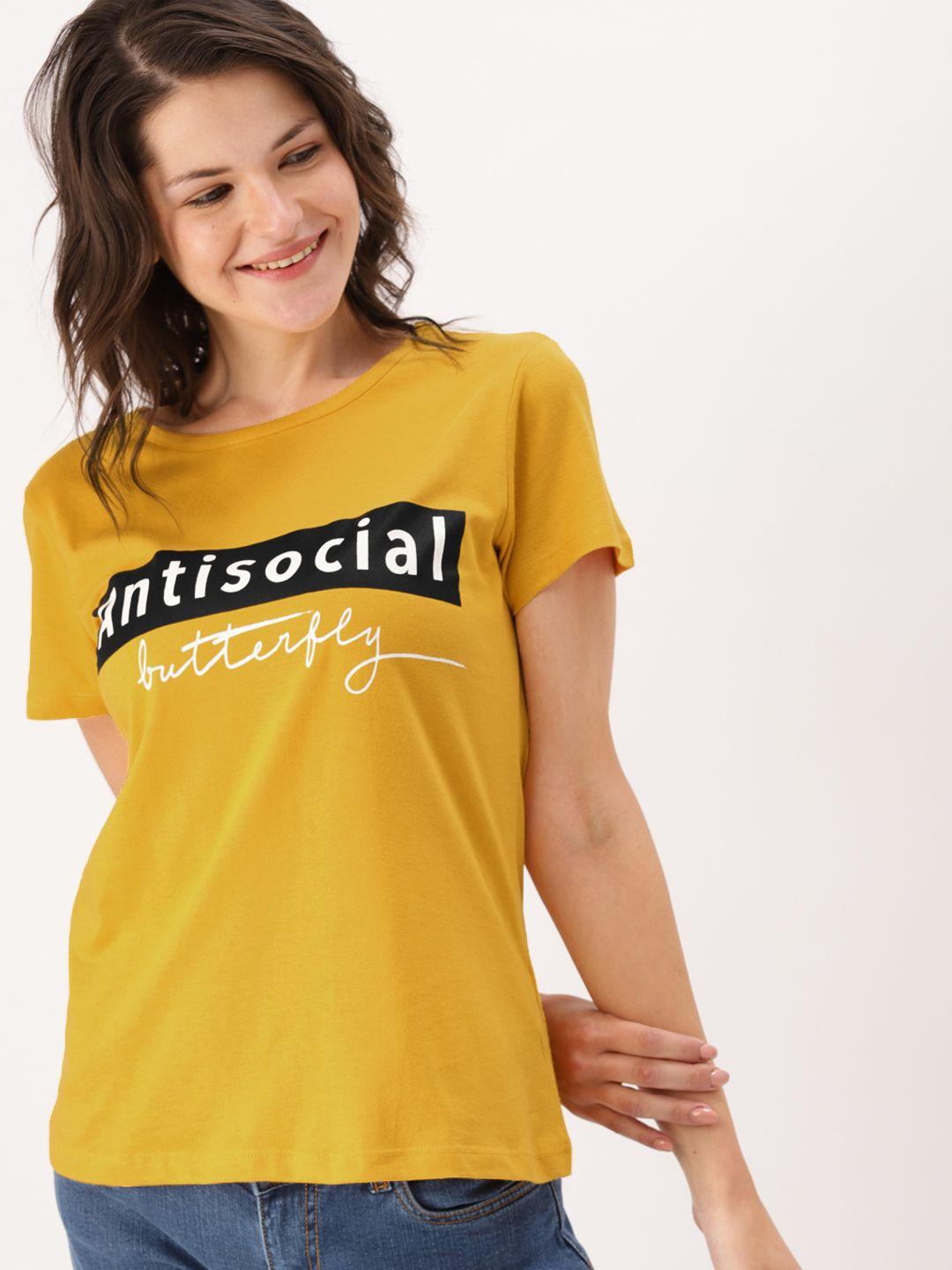 dressberry women mustard yellow printed round neck t-shirt