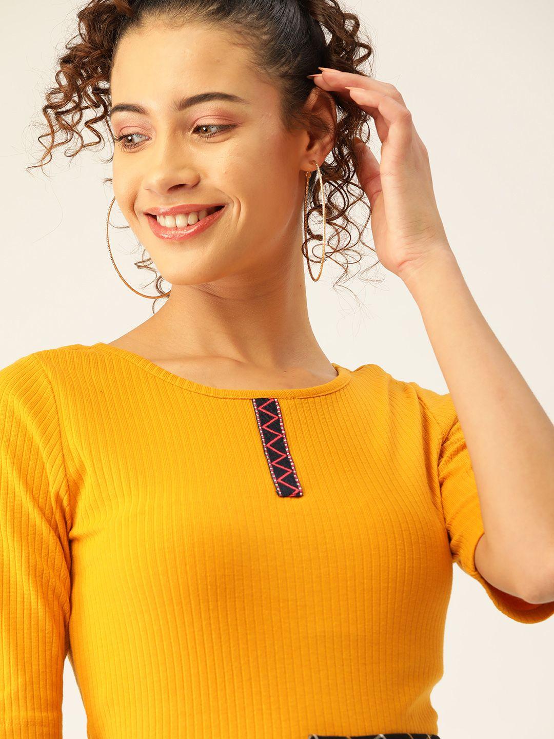 dressberry women mustard yellow ribbed fitted top