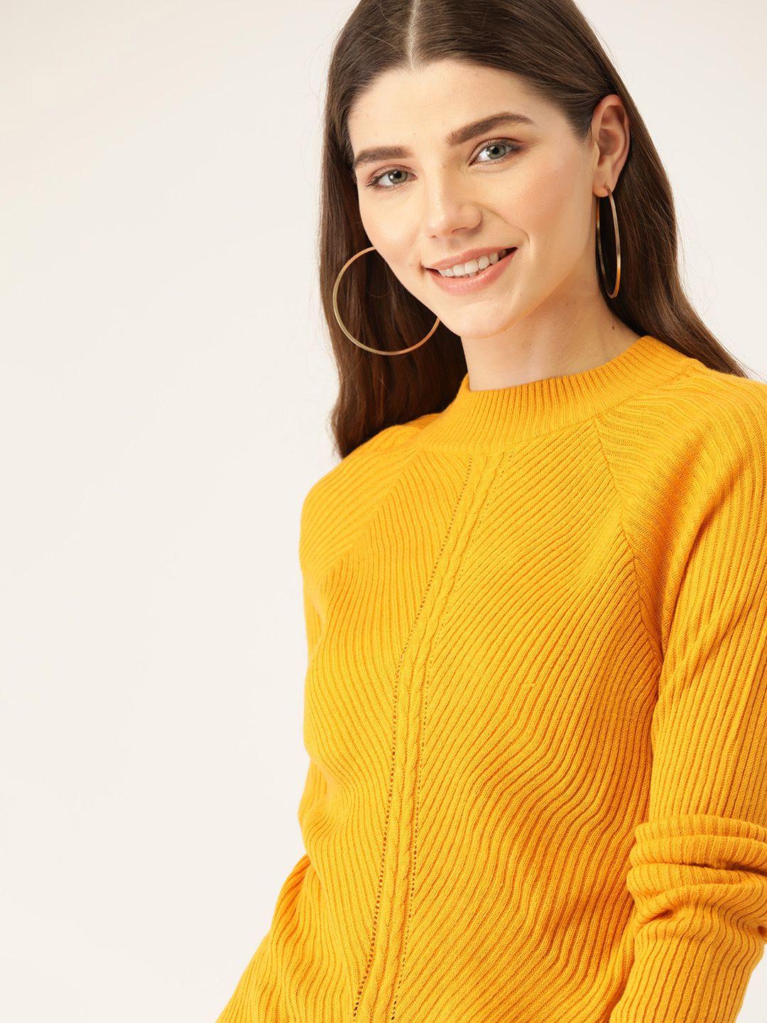 dressberry women mustard yellow ribbed pullover sweater