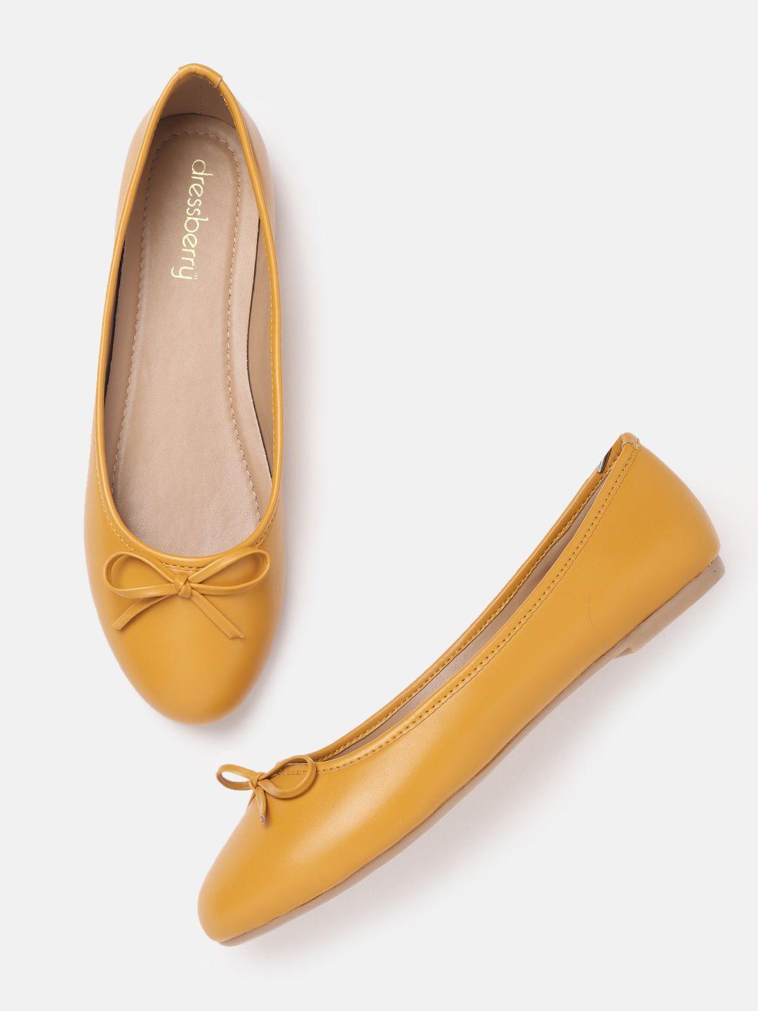 dressberry women mustard yellow solid ballerinas with bow detail