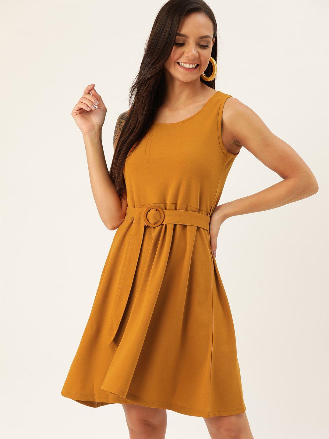 dressberry women mustard yellow solid fit and flare dress