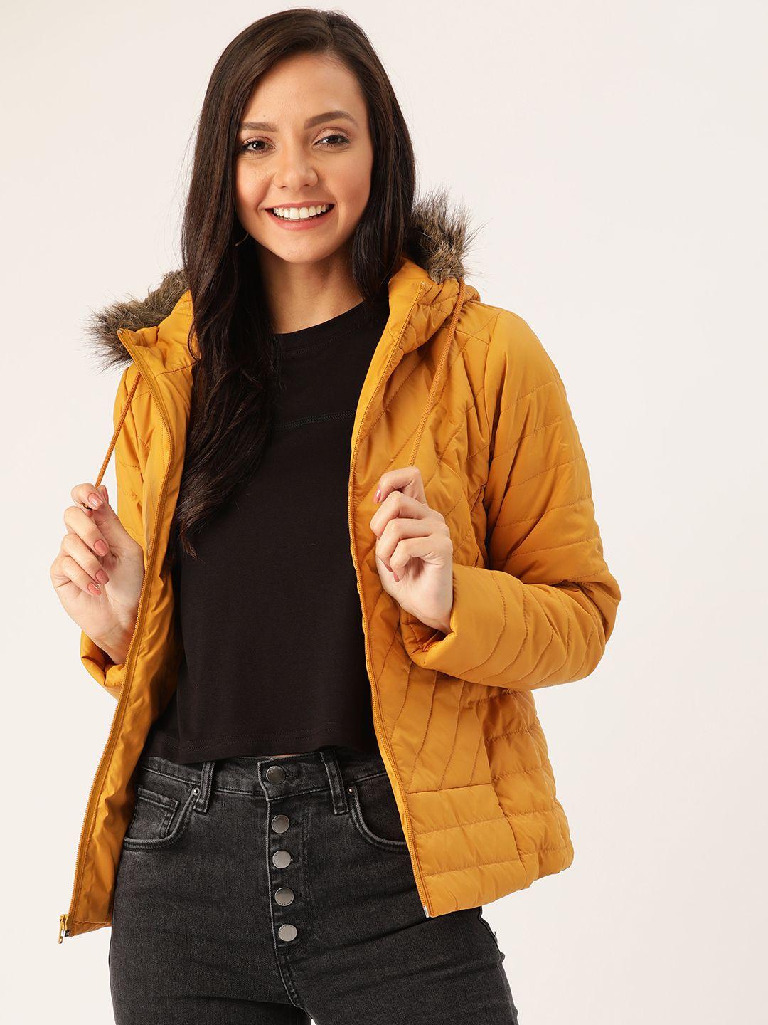 dressberry women mustard yellow solid hooded parka jacket