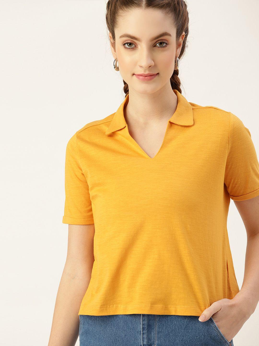 dressberry women mustard yellow solid pure cotton polo collar t-shirt