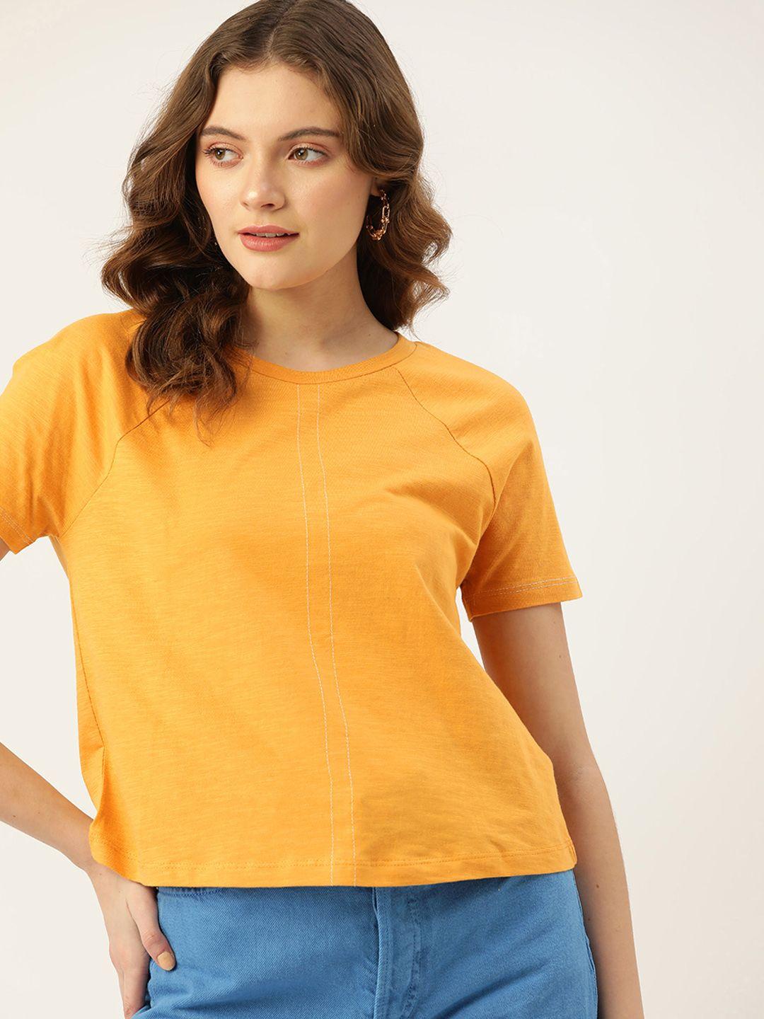 dressberry women mustard yellow solid pure cotton t-shirt