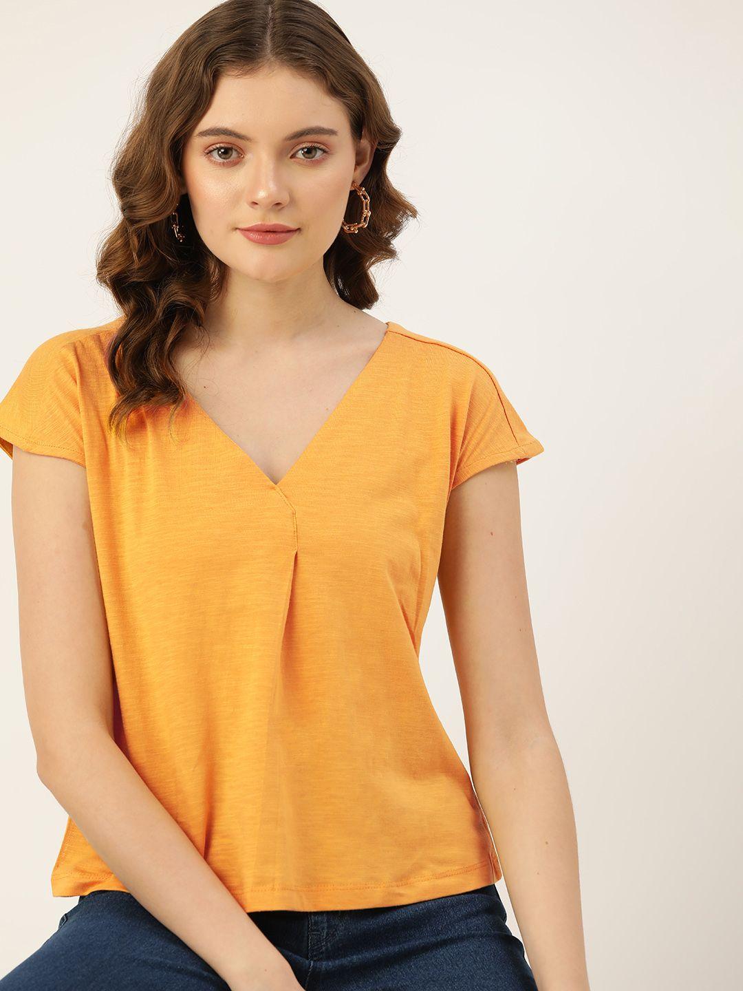 dressberry women mustard yellow solid v-neck pure cotton t-shirt