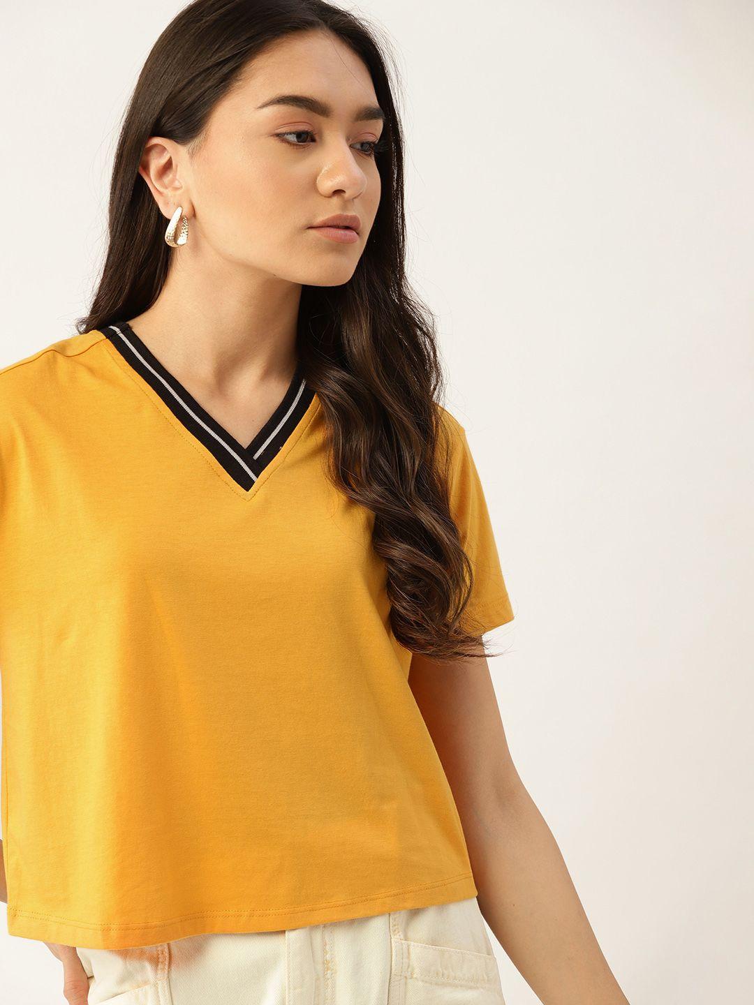 dressberry women mustard yellow v-neck solid t-shirt