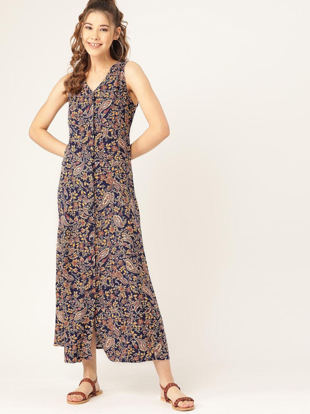 dressberry women navy blue & mustard yellow printed maxi dress