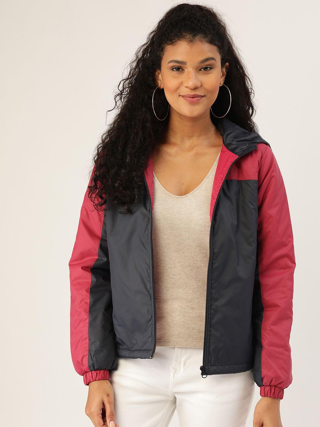 dressberry women navy blue & pink colourblocked hooded padded jacket