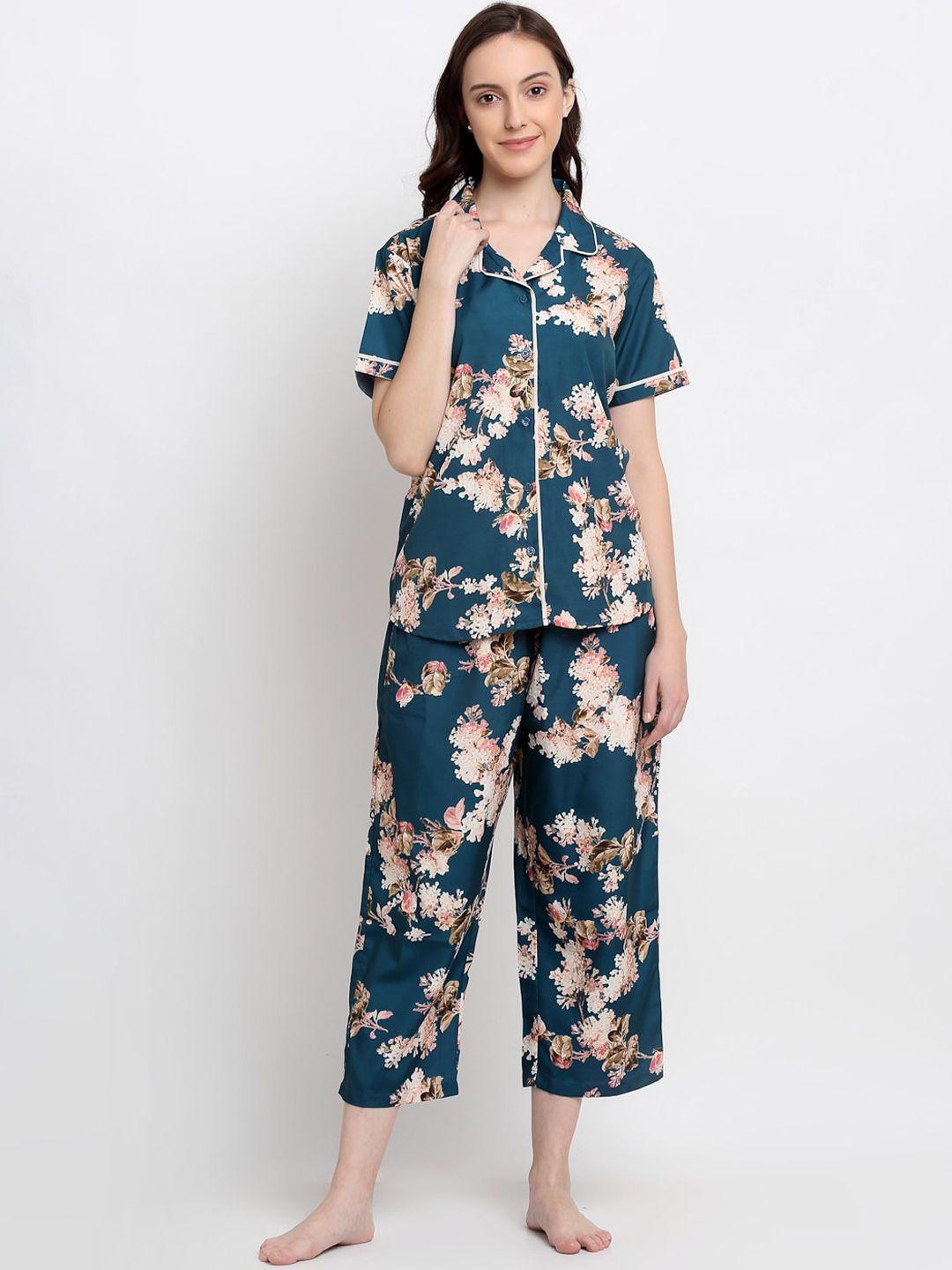 dressberry women navy blue & pink floral printed night suit