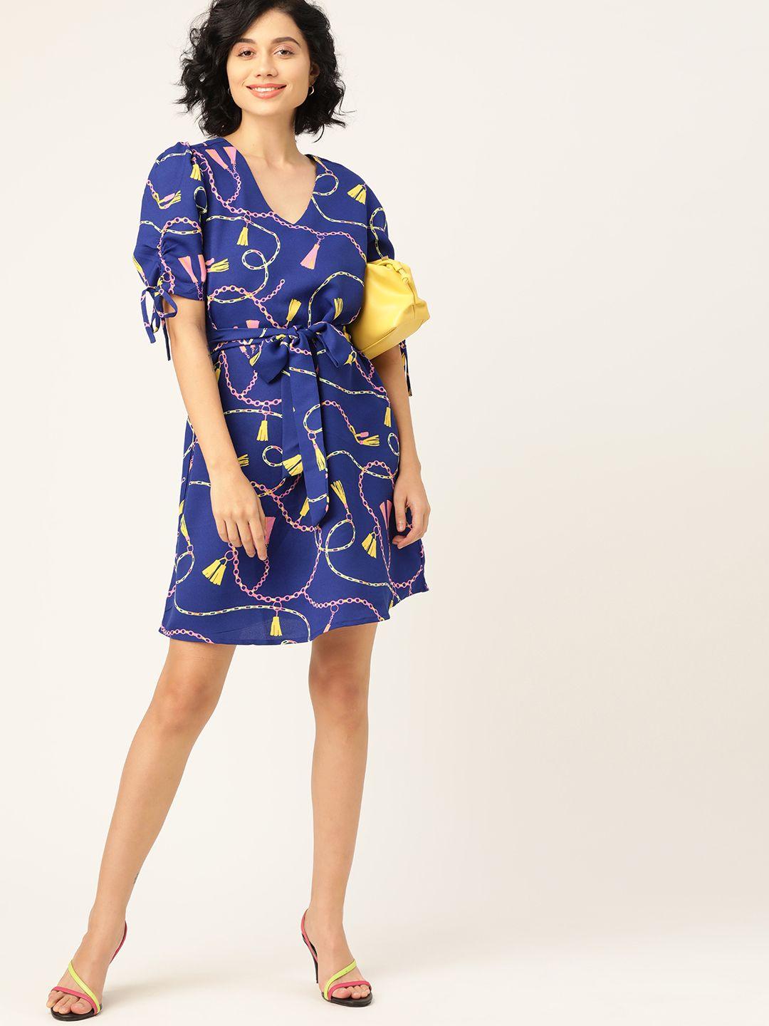 dressberry women navy blue & pink printed a-line dress