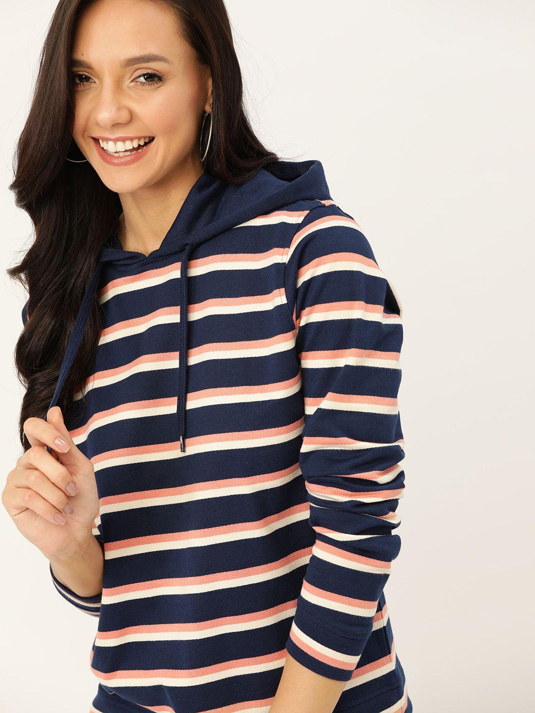 dressberry women navy blue & pink striped hooded sweatshirt