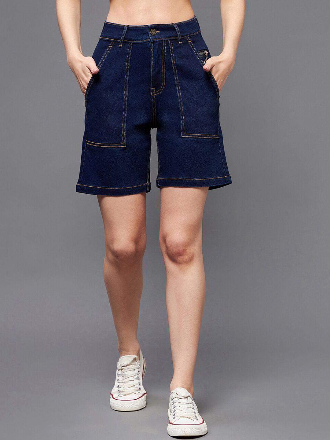 dressberry women navy blue high-rise denim shorts