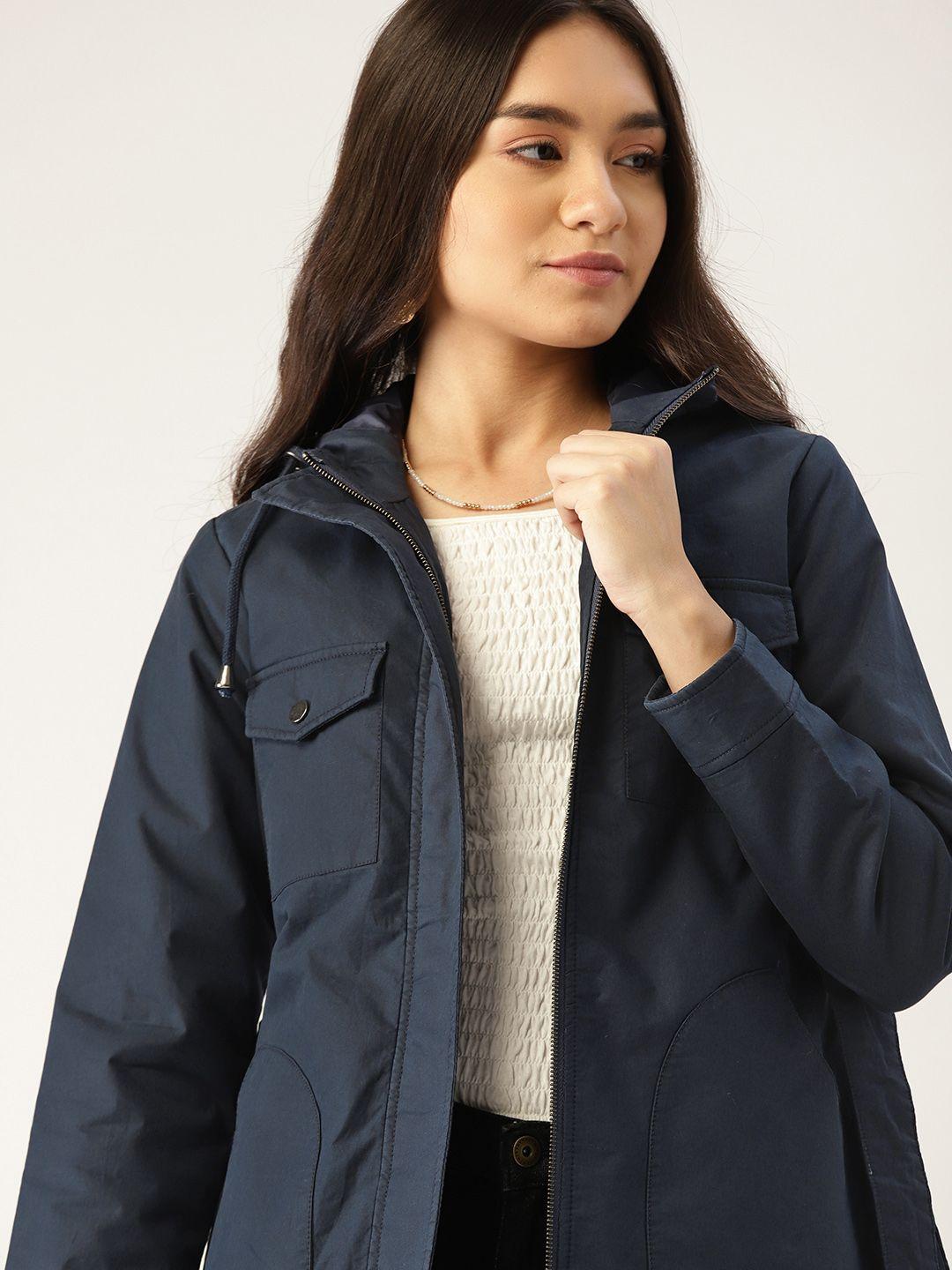 dressberry women navy blue longline hooded tailored jacket with belt