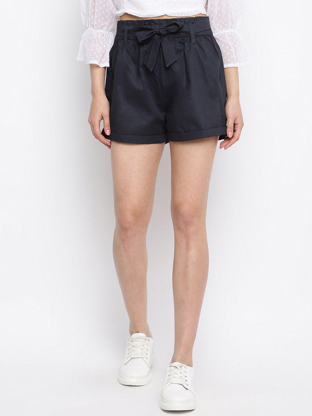 dressberry women navy blue mid-rise cotton regular shorts