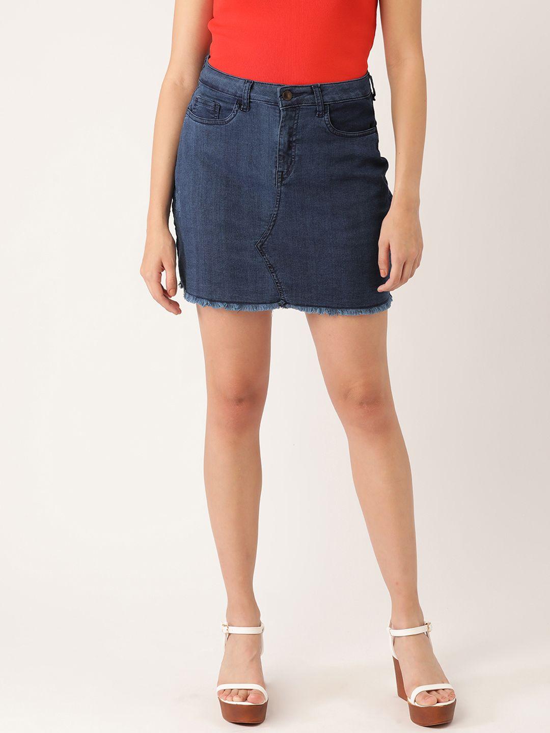 dressberry women navy blue pure cotton solid mid-rise denim straight mini skirt