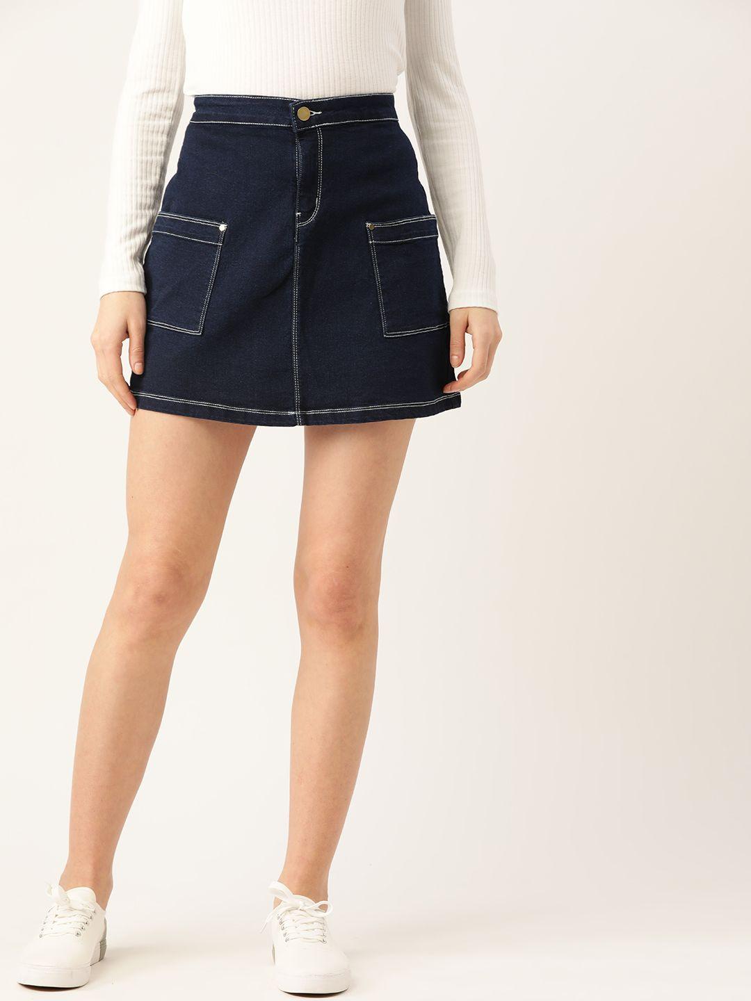 dressberry women navy blue solid denim mini a-line skirt