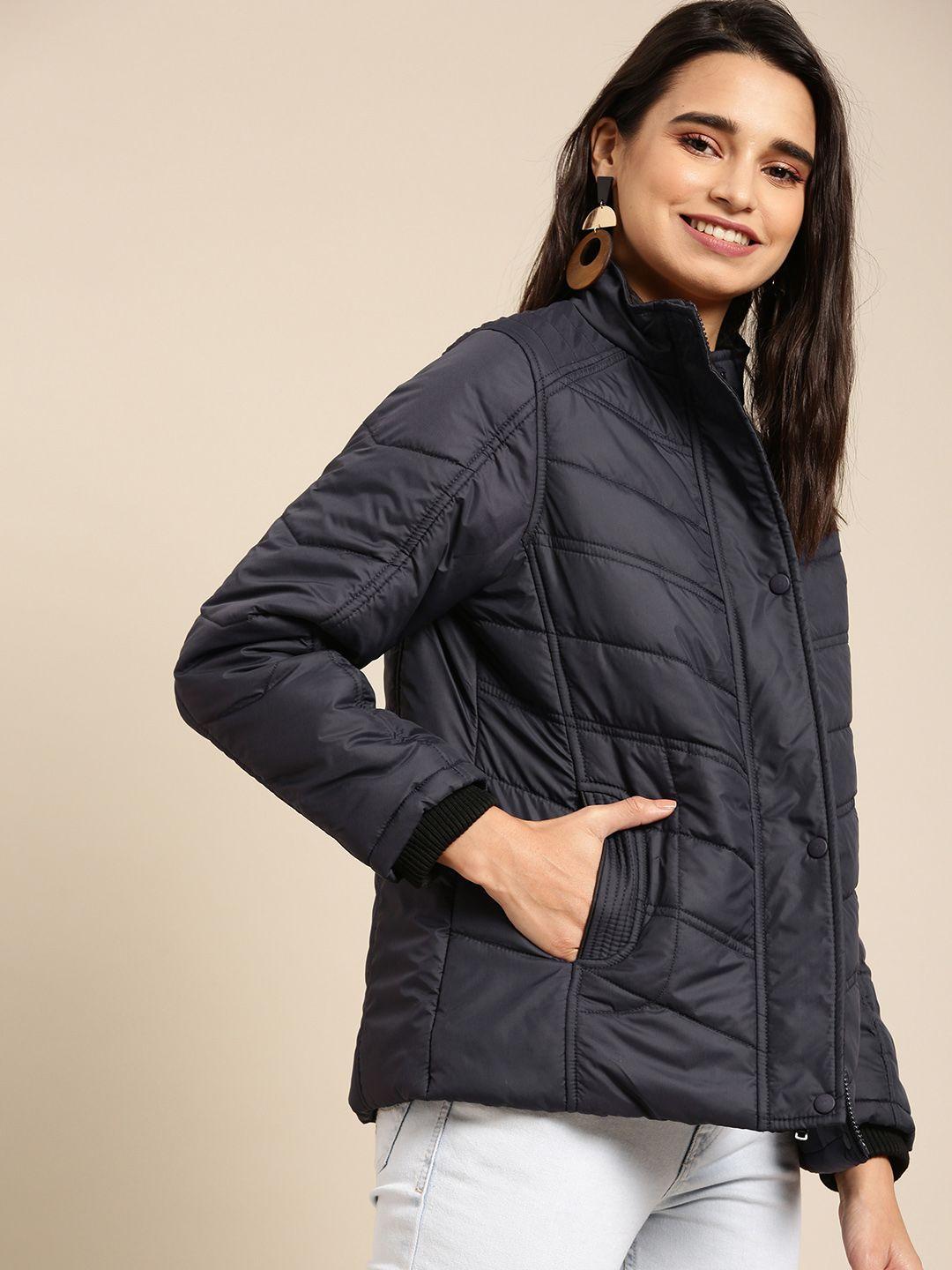 dressberry women navy blue solid quilted jacket