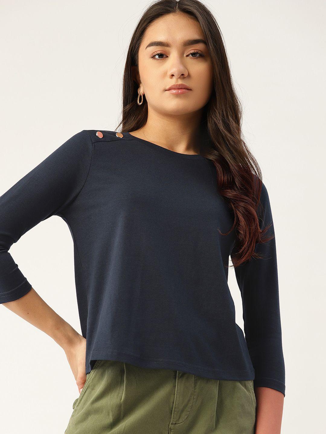 dressberry women navy blue solid t-shirt