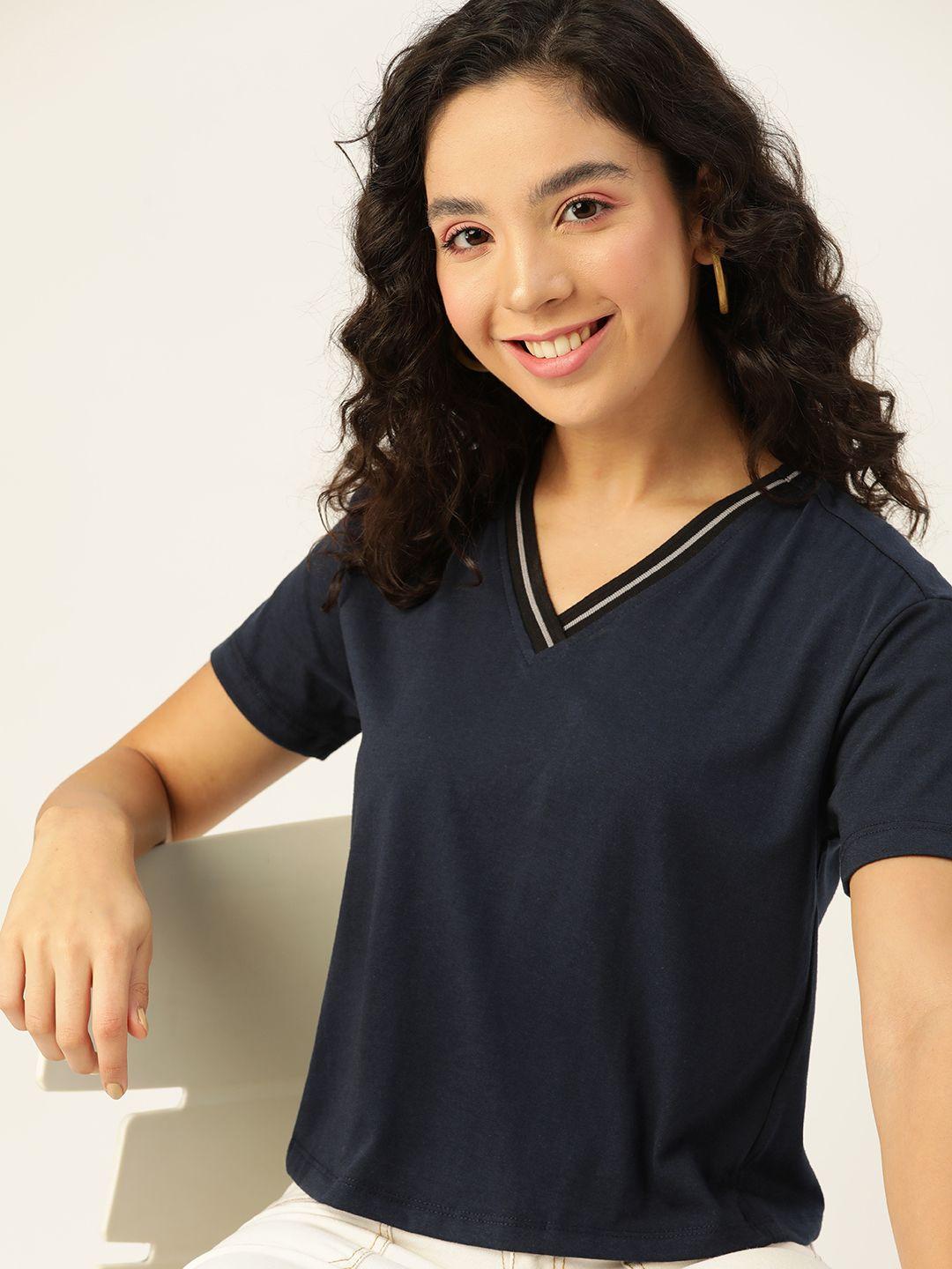 dressberry women navy blue solid v-neck t-shirt