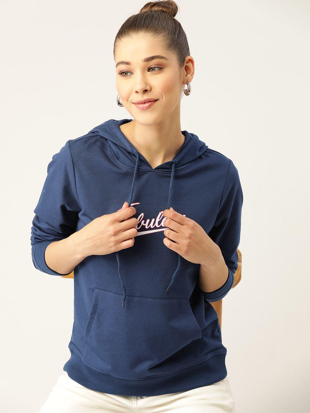 dressberry women navy blue typography printed hooded sweatshirt