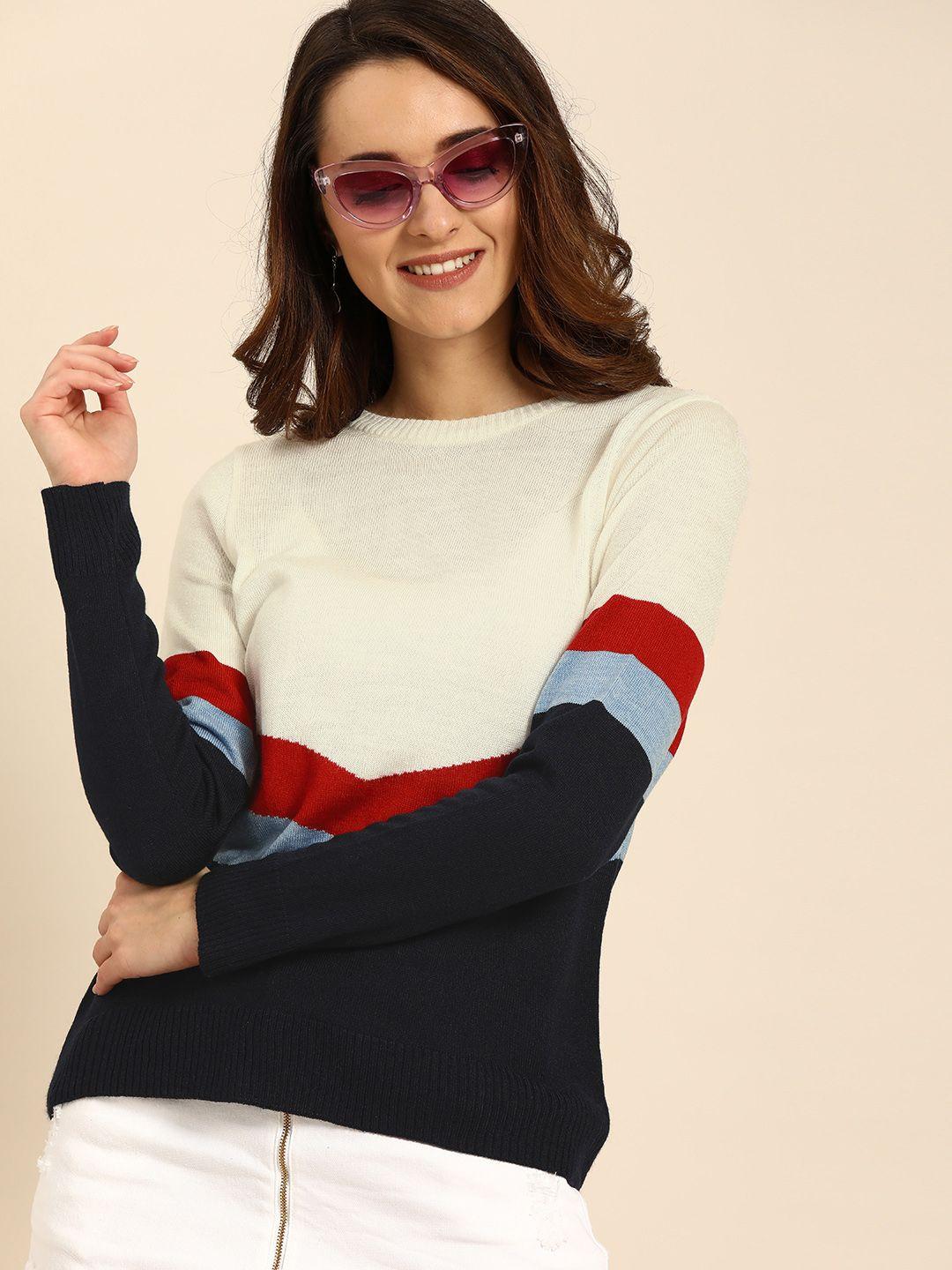 dressberry women off-white & navy blue colourblocked pullover sweater