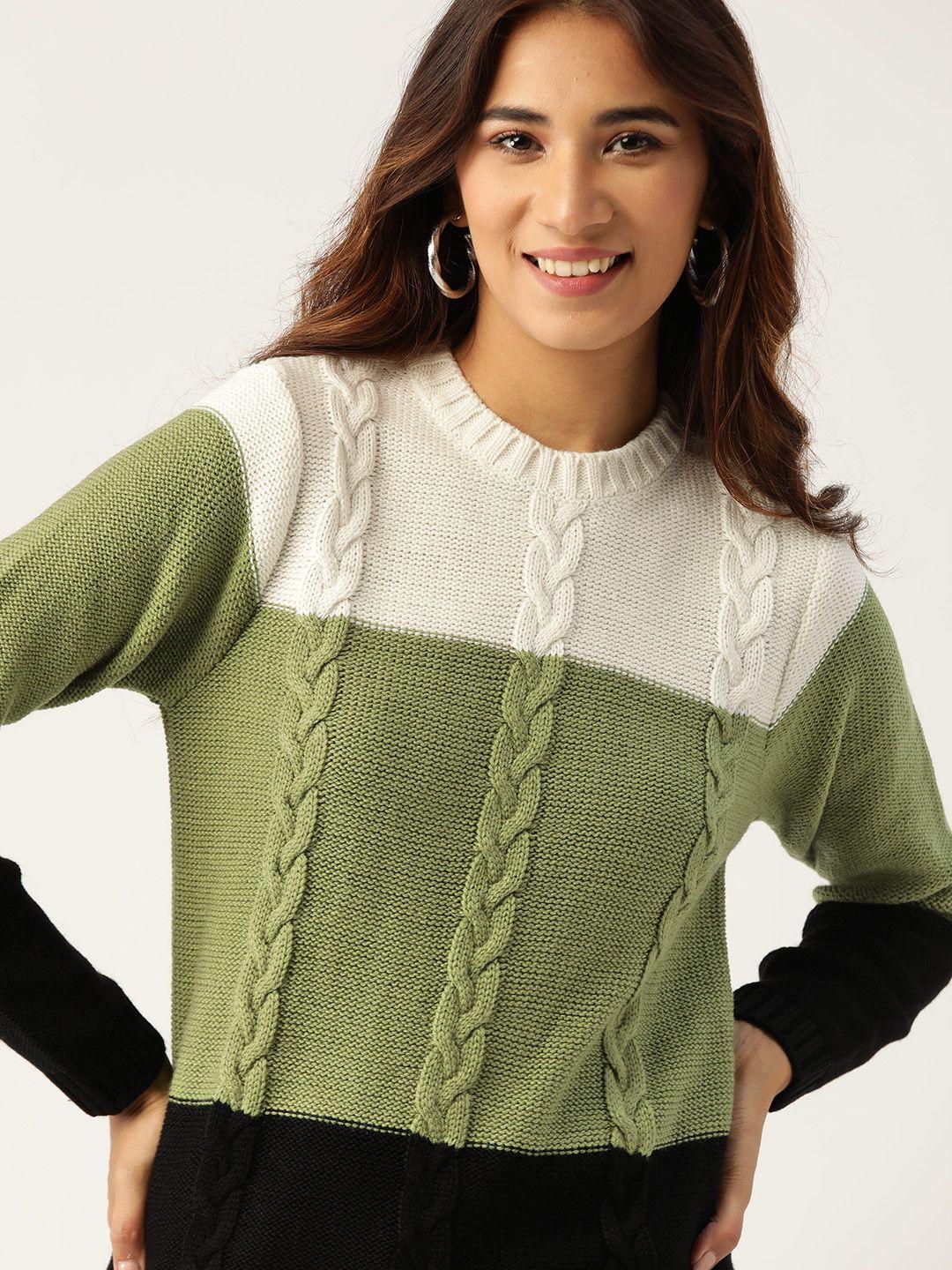 dressberry women olive green & black colourblocked pullover sweater