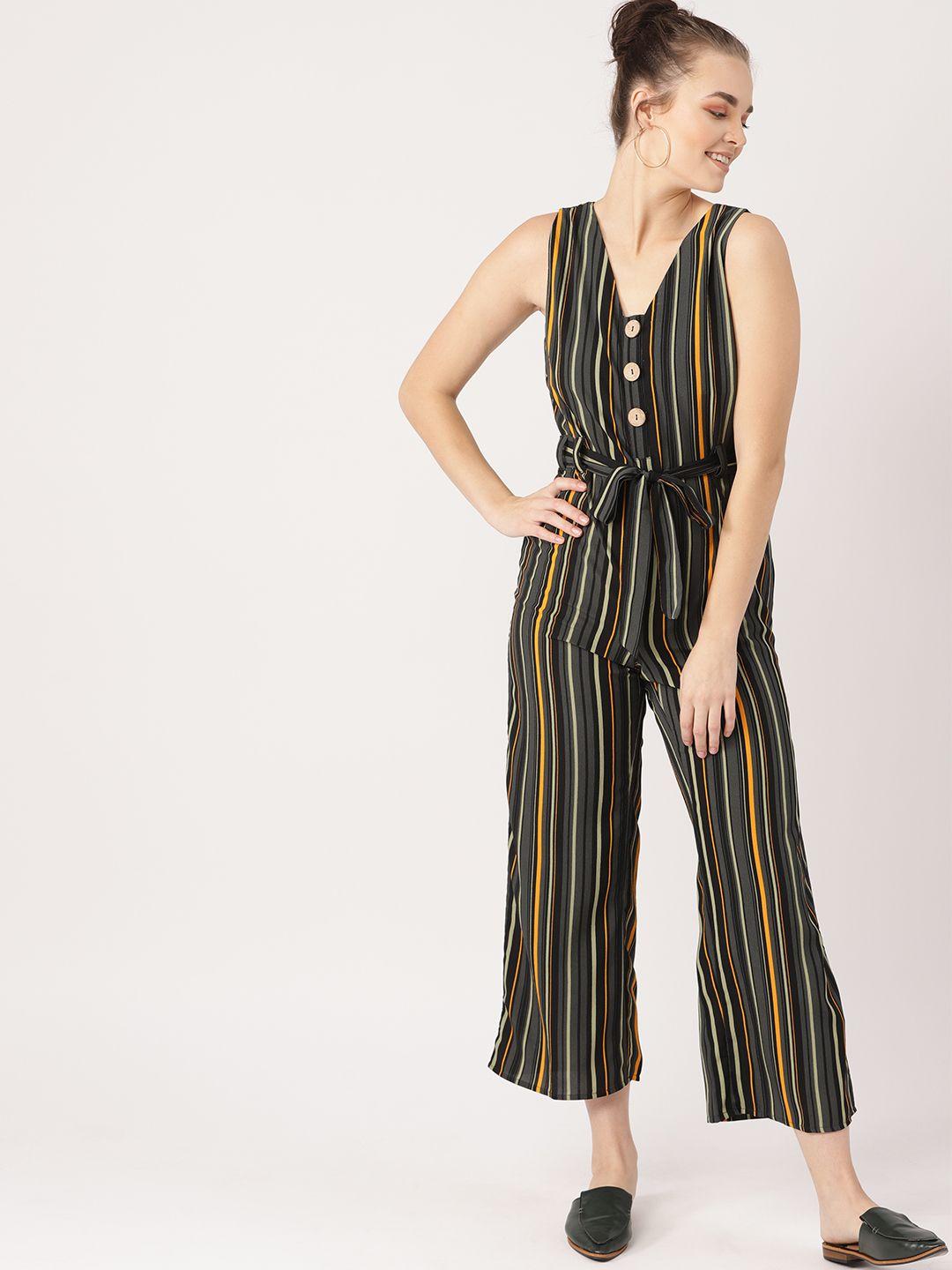 dressberry women olive green & mustard yellow striped basic jumpsuit