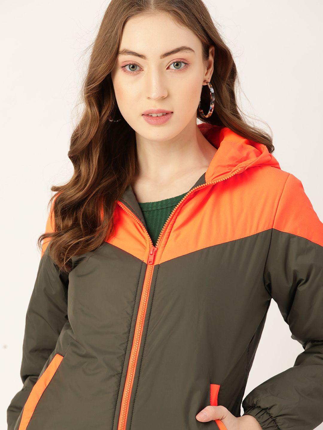 dressberry women olive green & neon orange colourblocked hooded tailored jacket