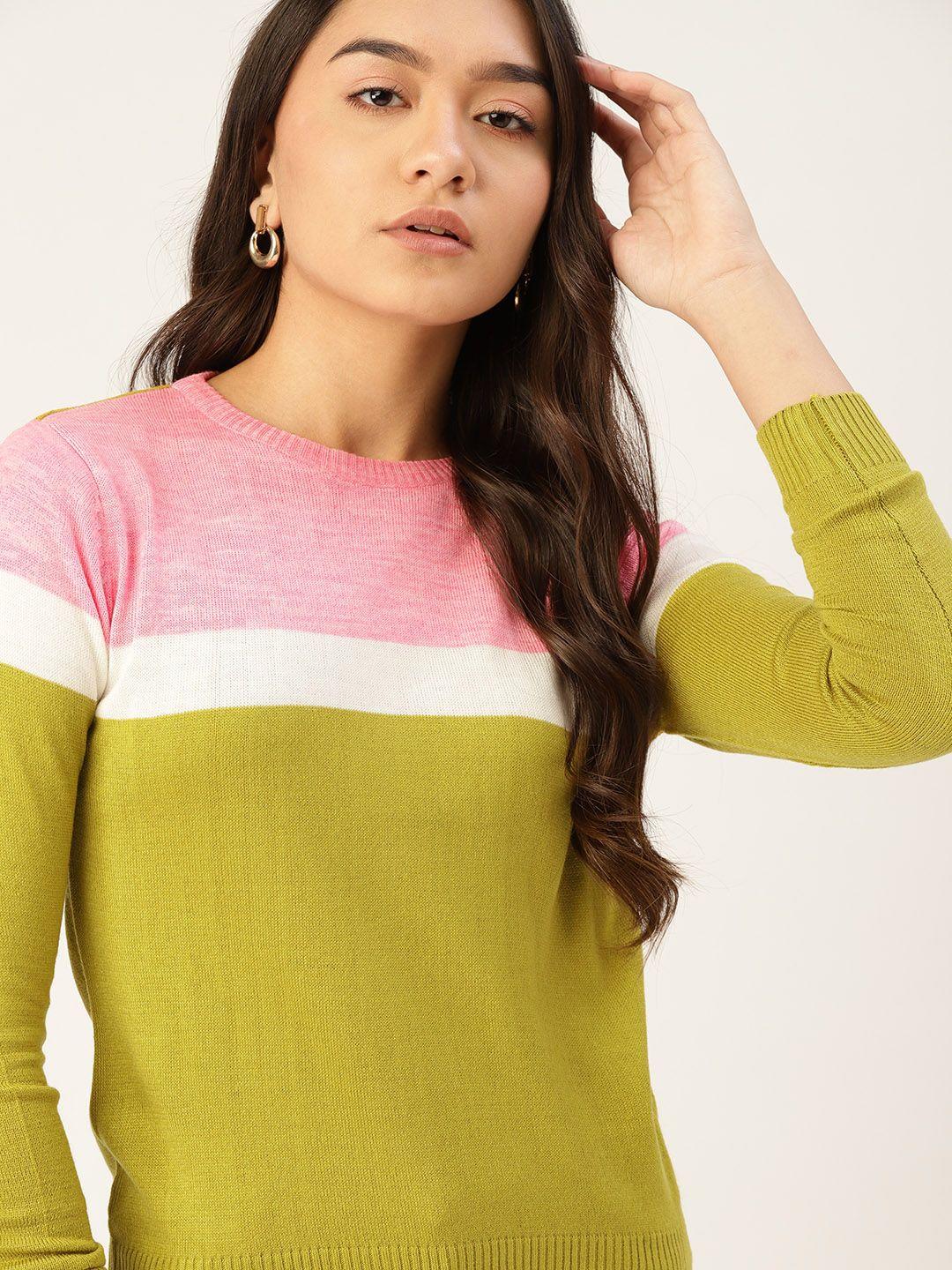 dressberry women olive green & pink colourblocked pullover with striped & button detail