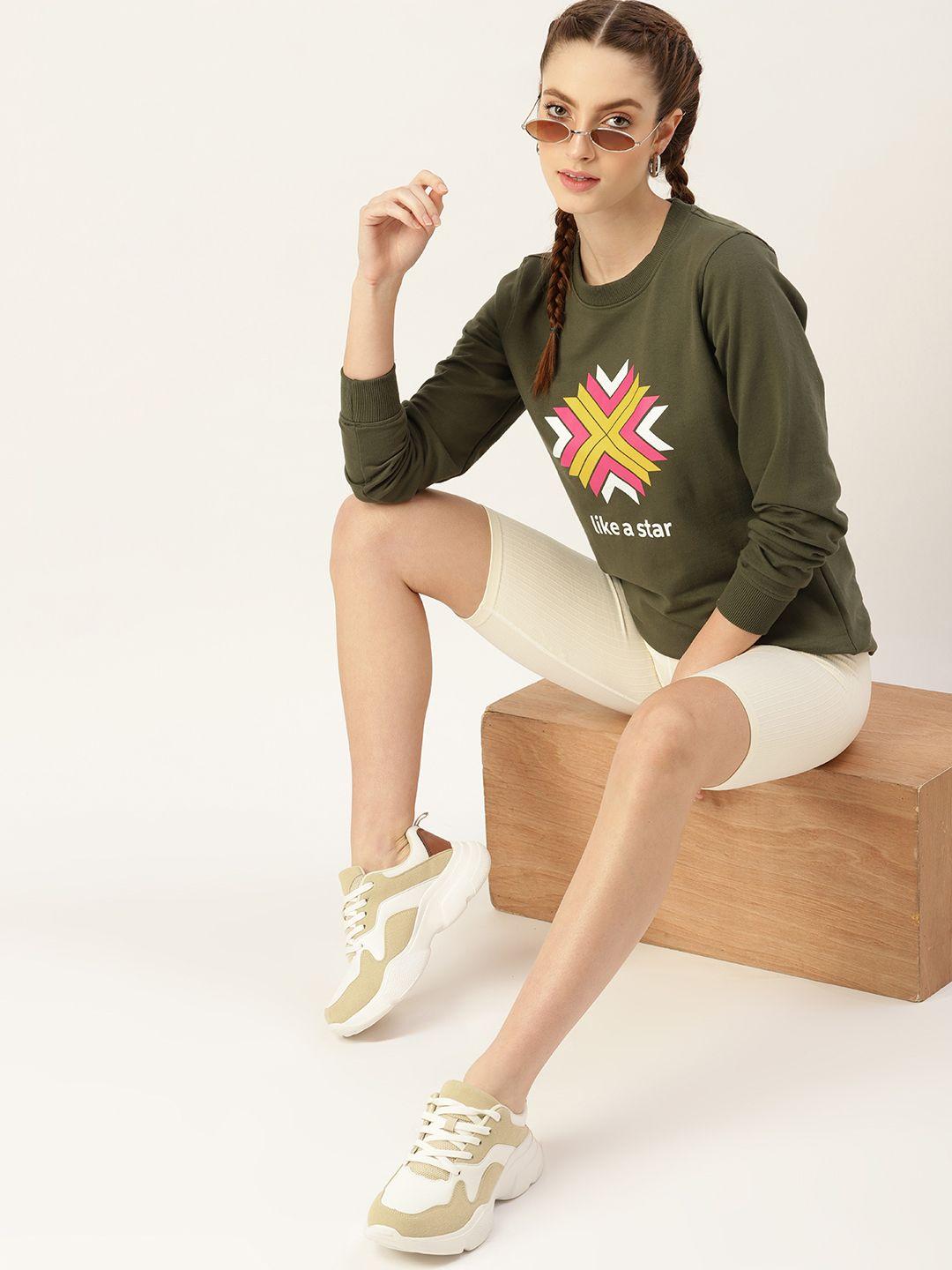 dressberry women olive green & pink printed sweatshirt