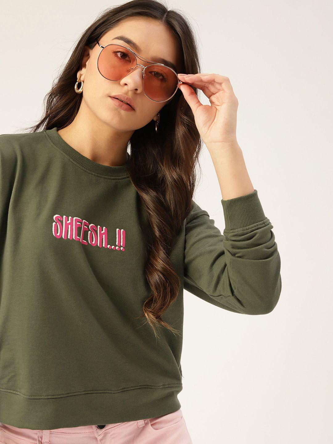 dressberry women olive green & pink typography printed sweatshirt