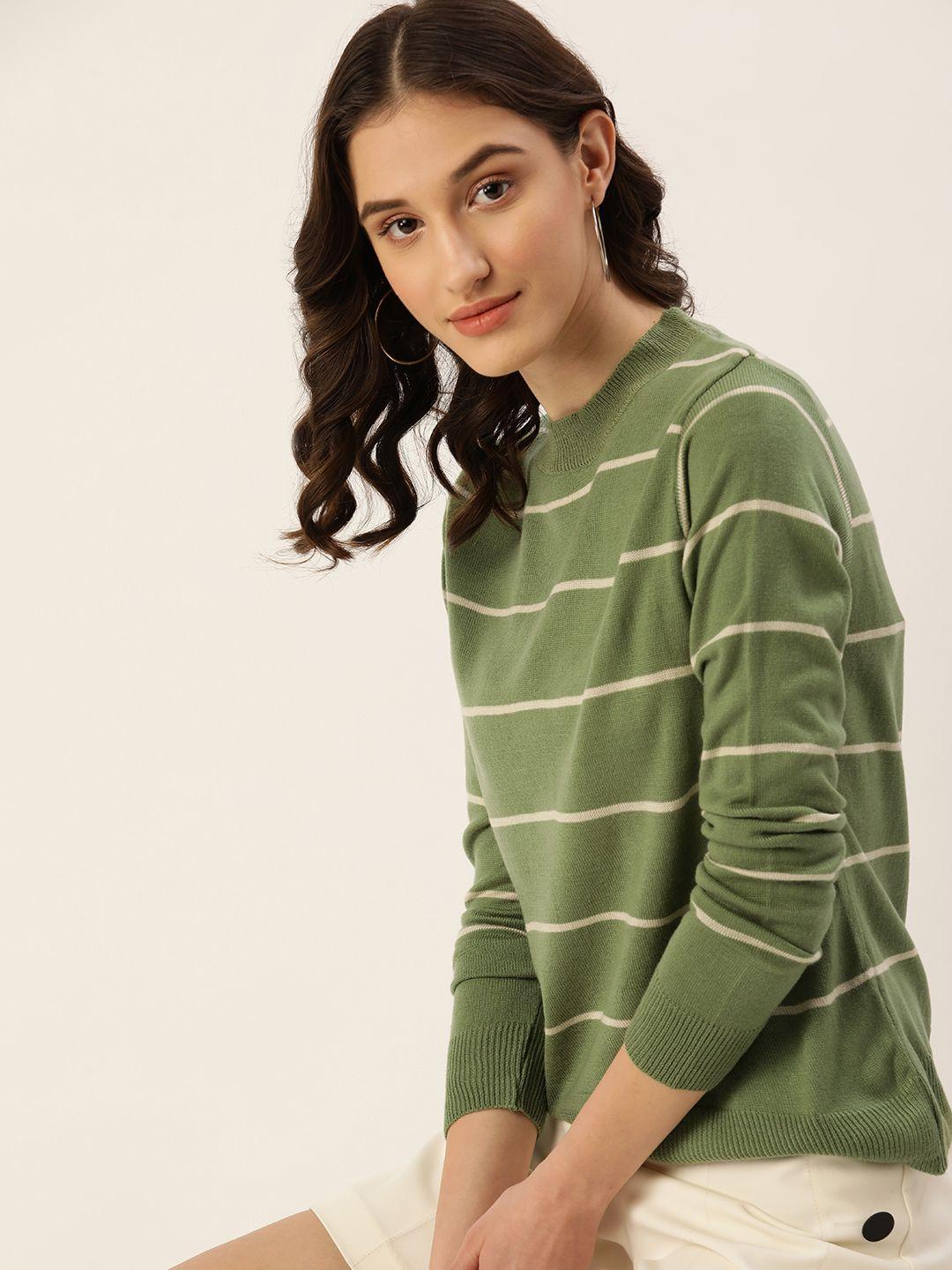 dressberry women olive green & white acrylic striped pullover