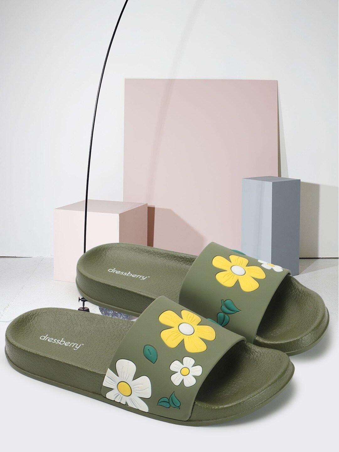 dressberry women olive green & yellow floral printed sliders