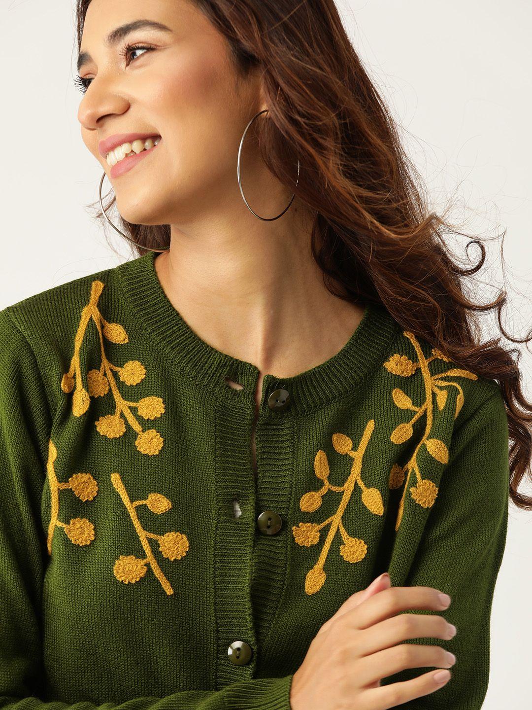 dressberry women olive green embroidered detail cardigan