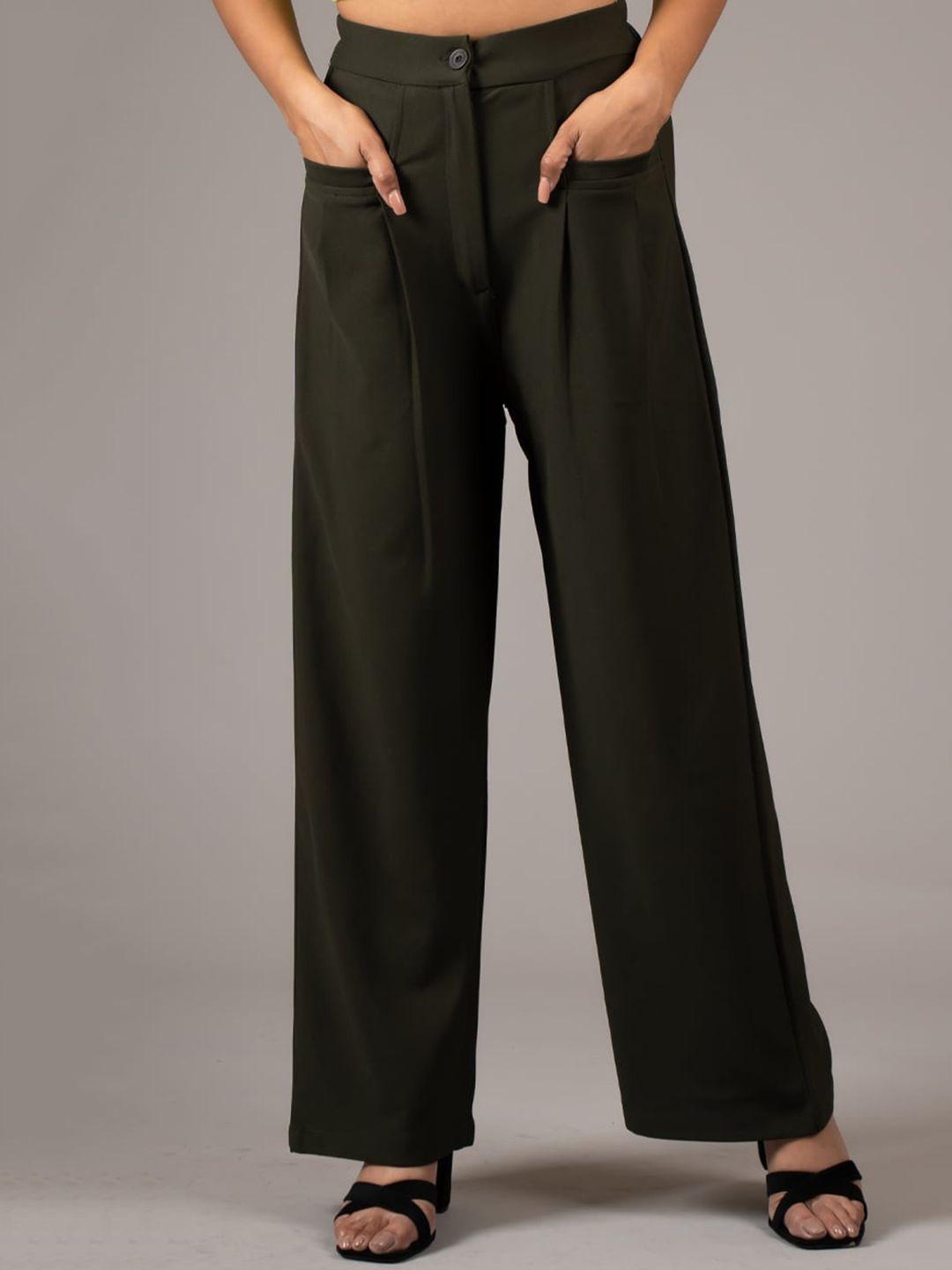 dressberry women olive green high-rise pleated parallel trousers