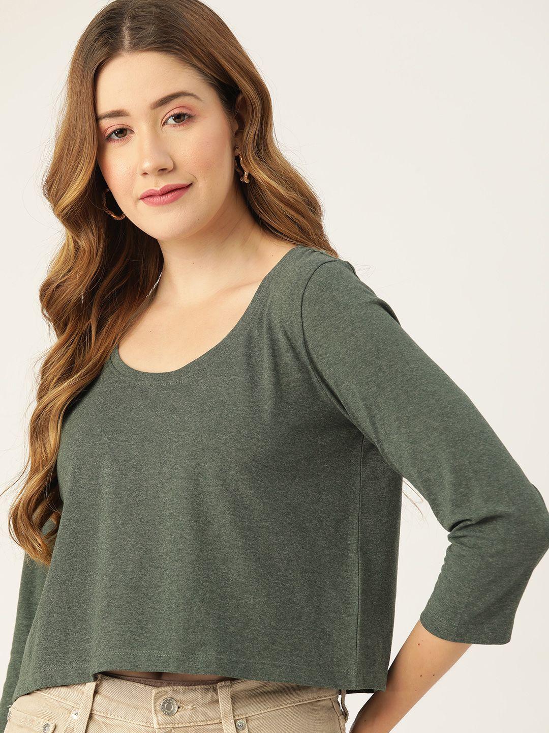 dressberry women olive green melange effect cropped boxy t-shirt