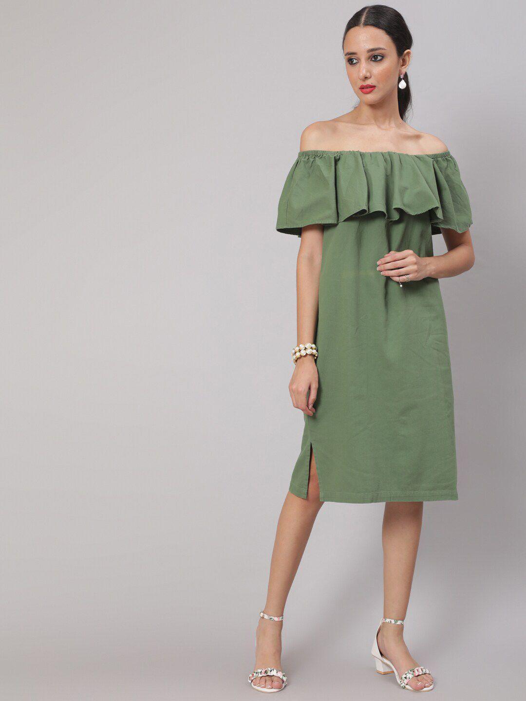 dressberry women olive green off-shoulder a-line dress