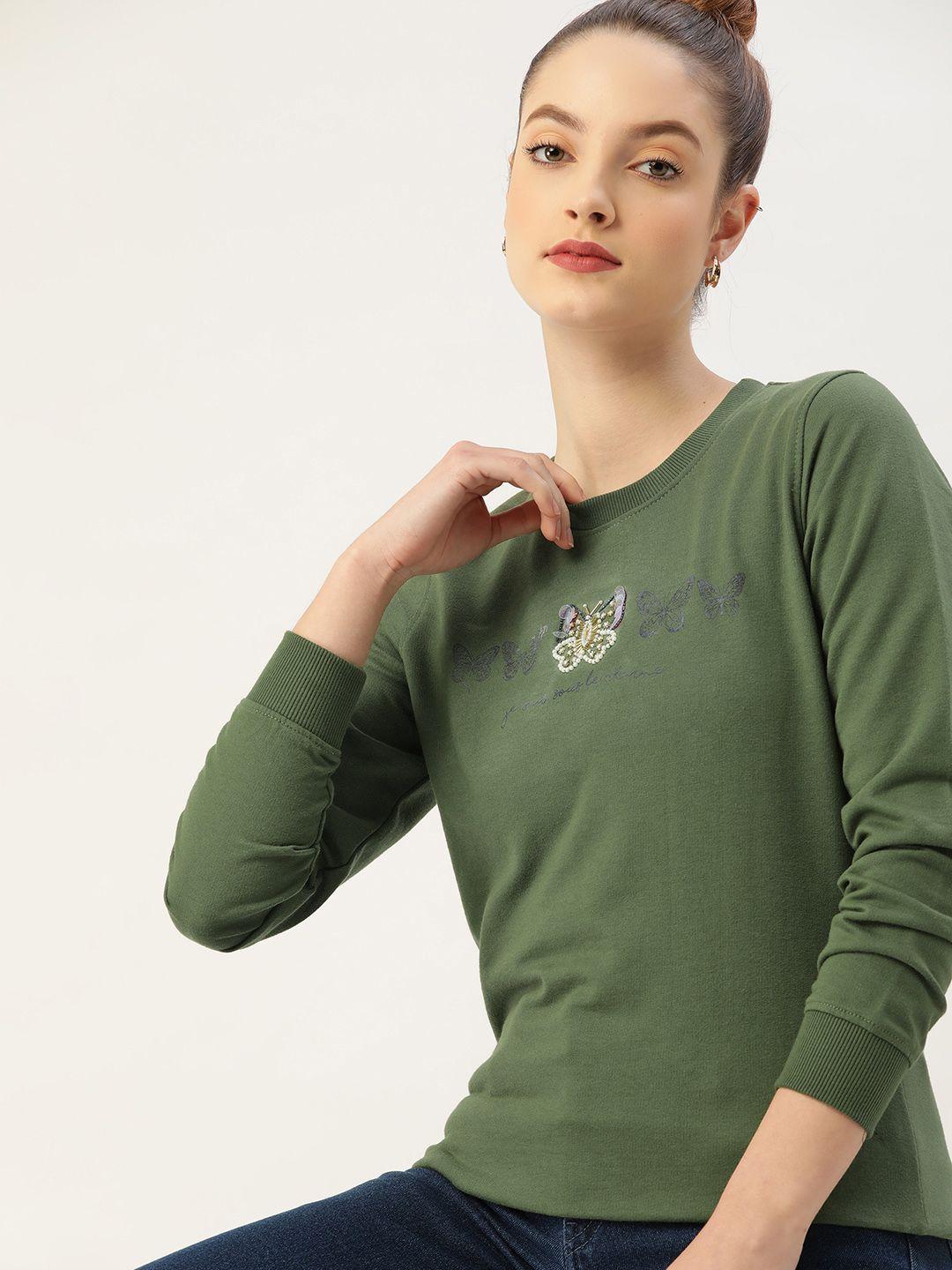 dressberry women olive green printed sweatshirt