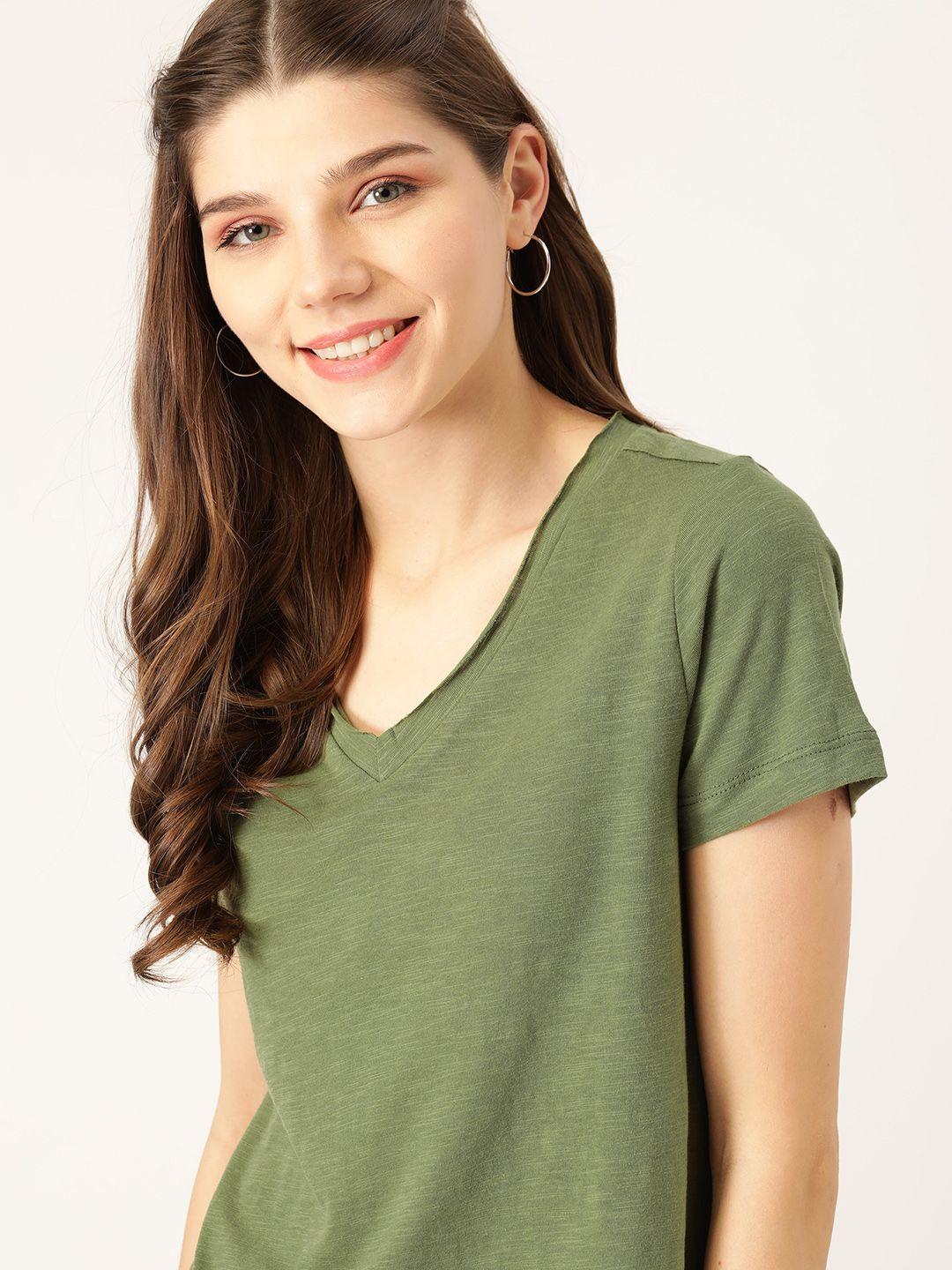 dressberry women olive green pure cotton solid v-neck t-shirt