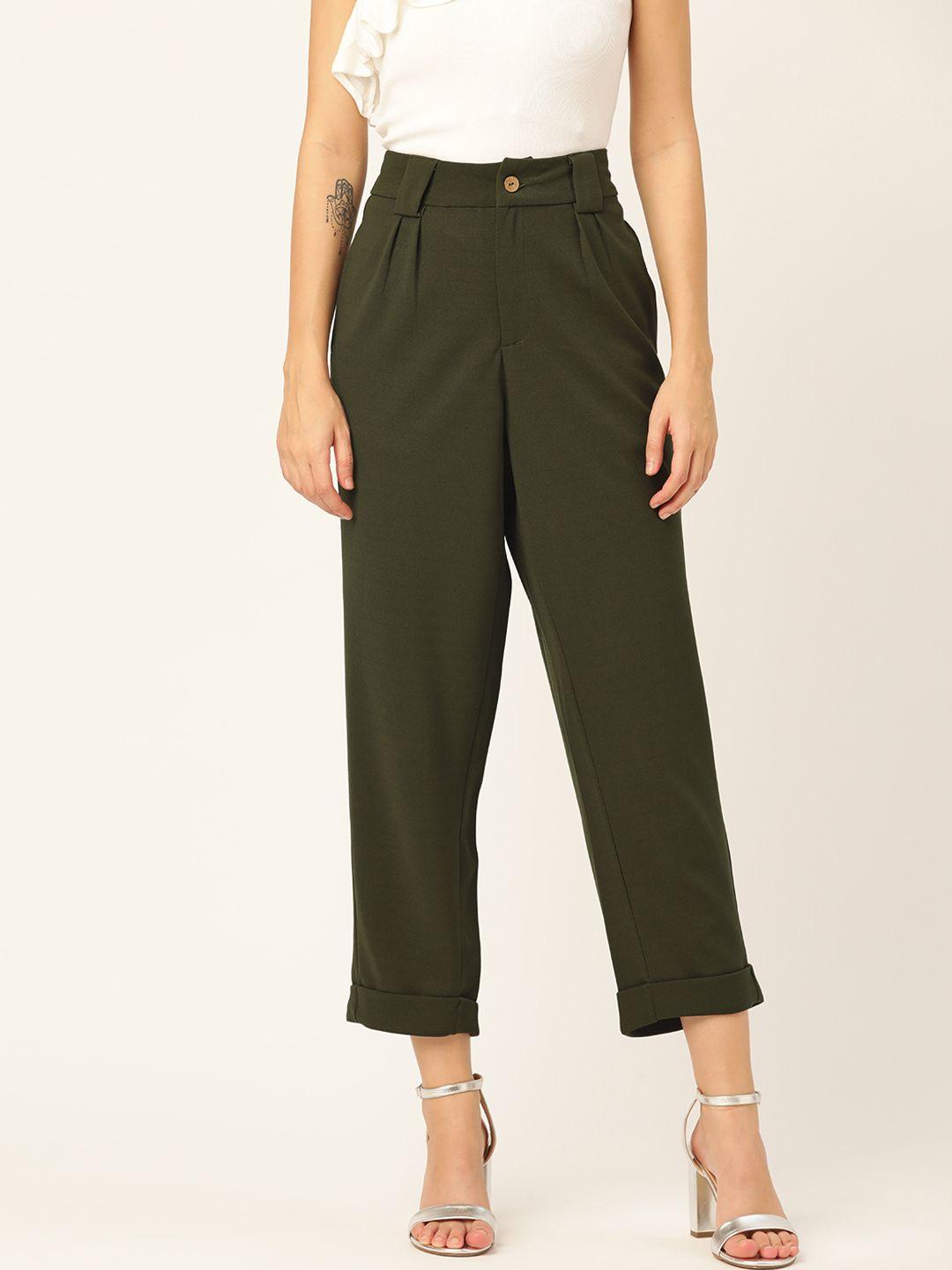 dressberry women olive green regular fit solid cropped trousers