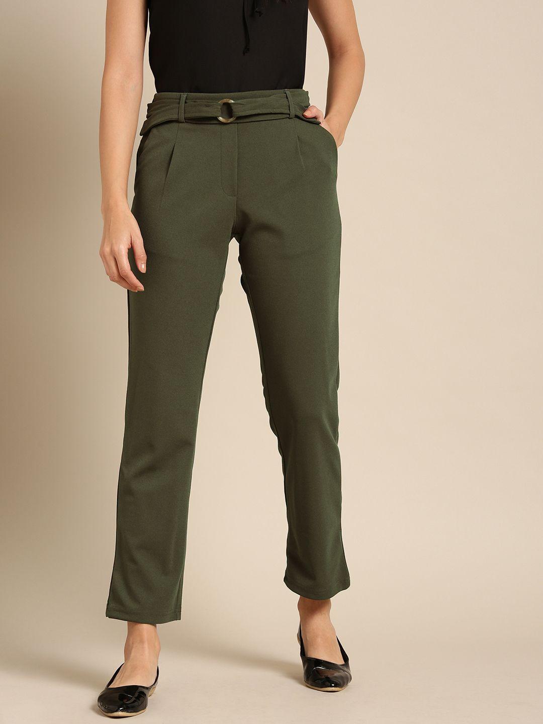 dressberry women olive green regular fit solid trousers