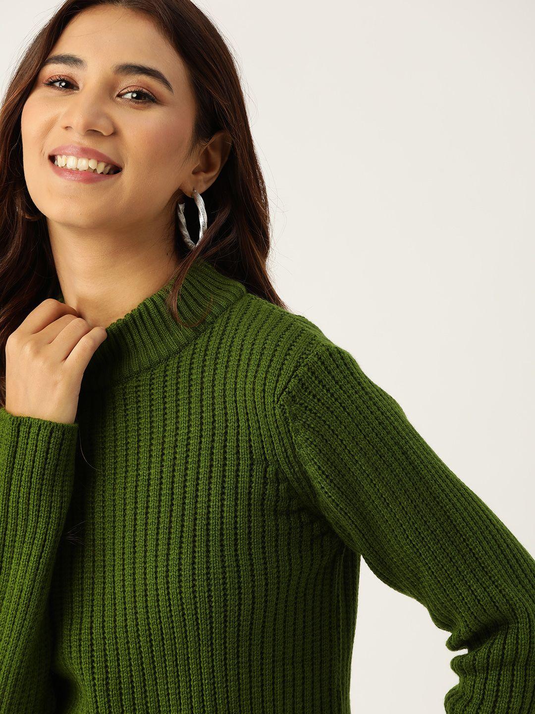 dressberry women olive green ribbed pullover