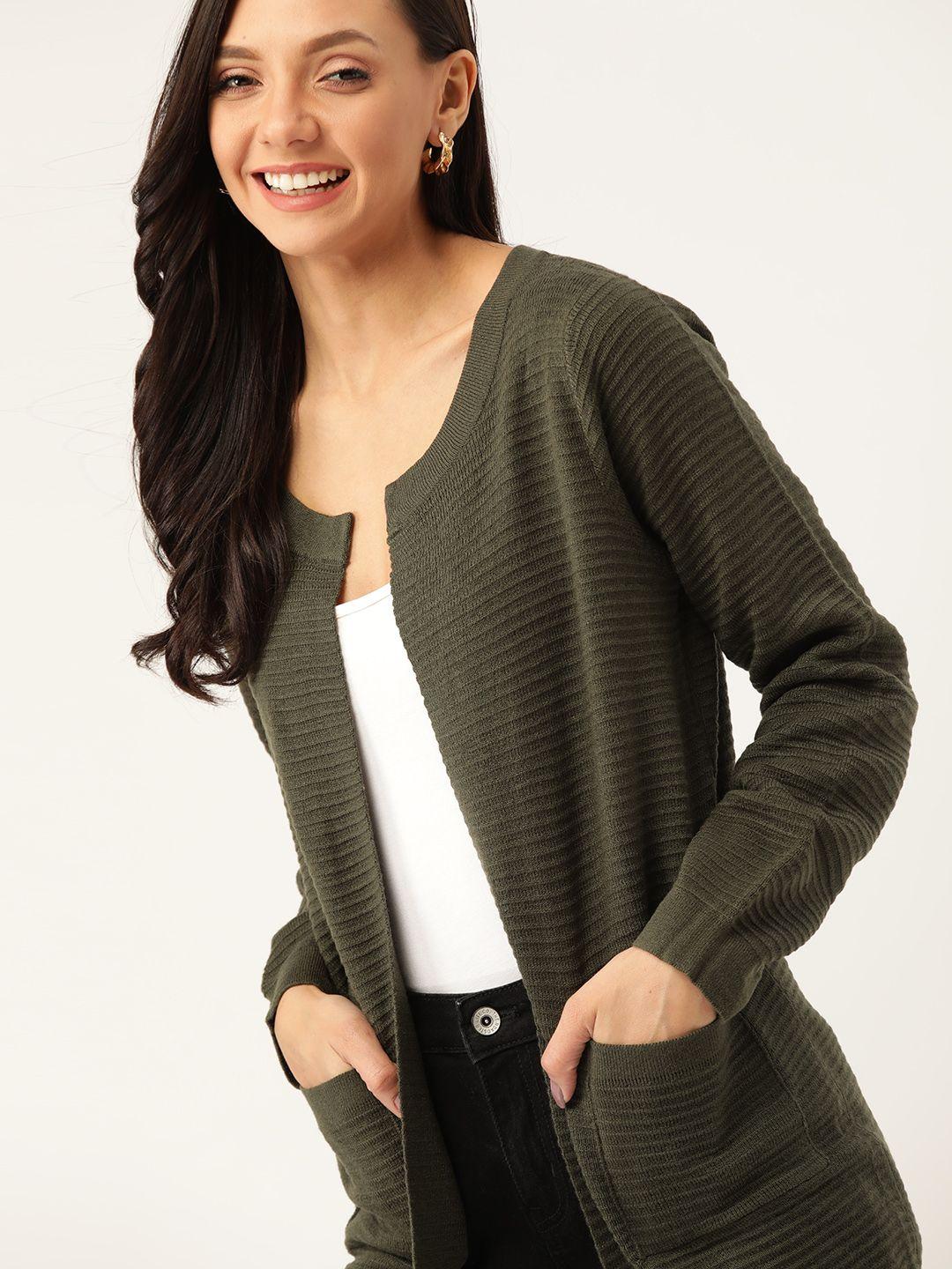 dressberry women olive green self-striped front-open sweater