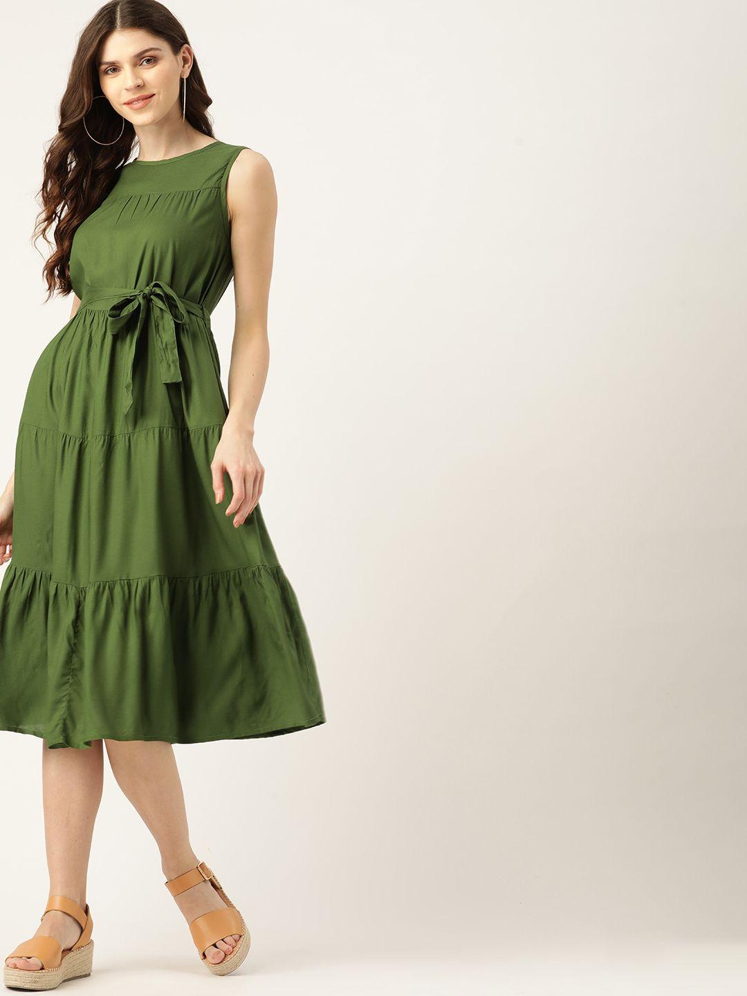 dressberry women olive green solid a-line dress